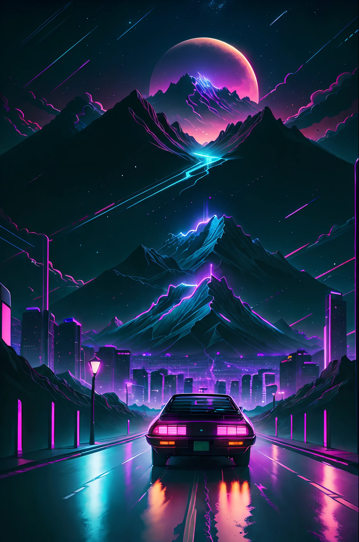 retrowave. city, car, road, purple neon lights, sun, mountain,
(masterpiece,detailed,highres),
