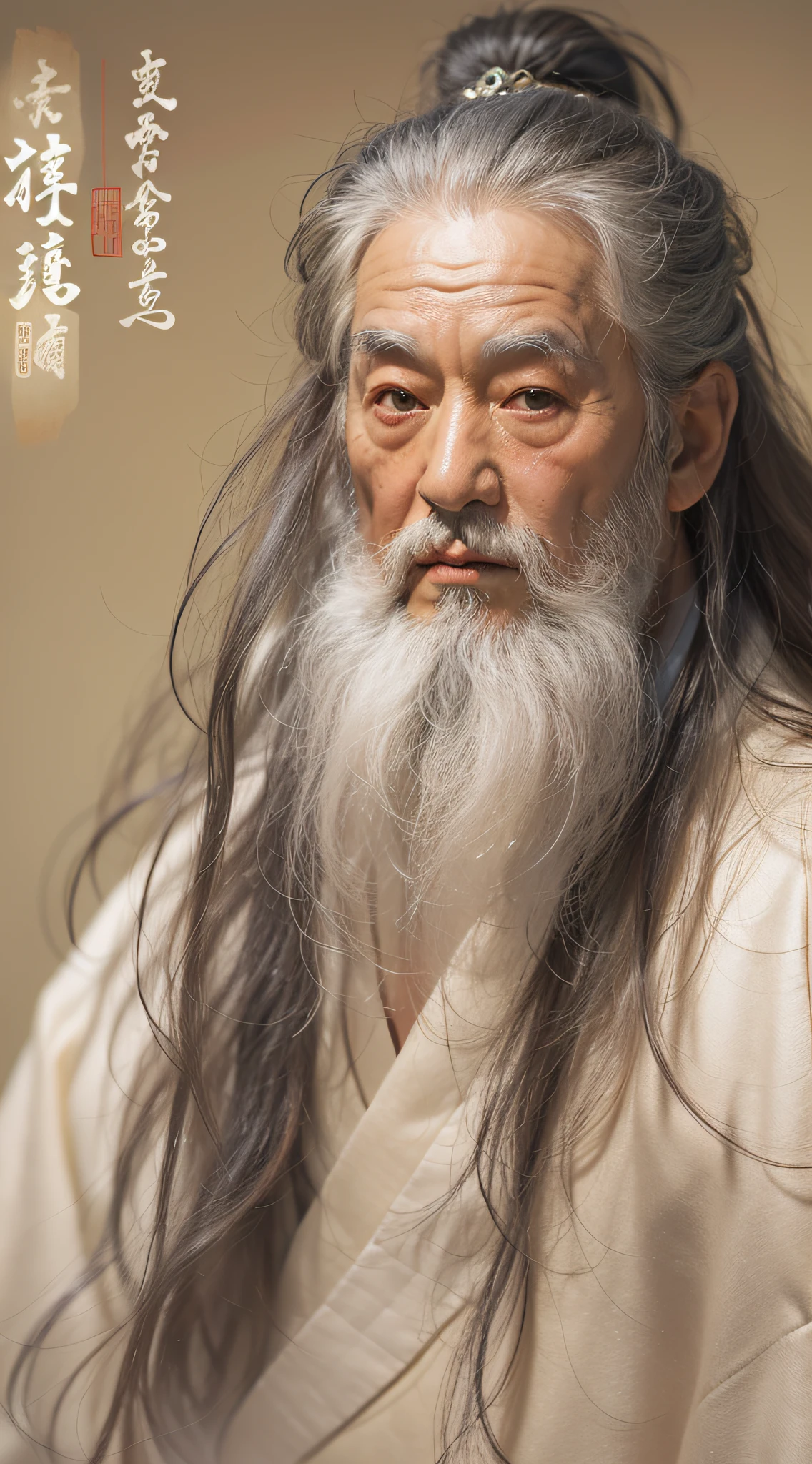 Old man of ancient China，Majestic and majestic，Long hair shawl，Hair and beard are snow-white，Wearing a white robe，Wrinkle forehead，The eyes are sharp and shrewd，body full，heavy breath，largeeyes，Portrait of a person from the front perspective，Gentle on the face