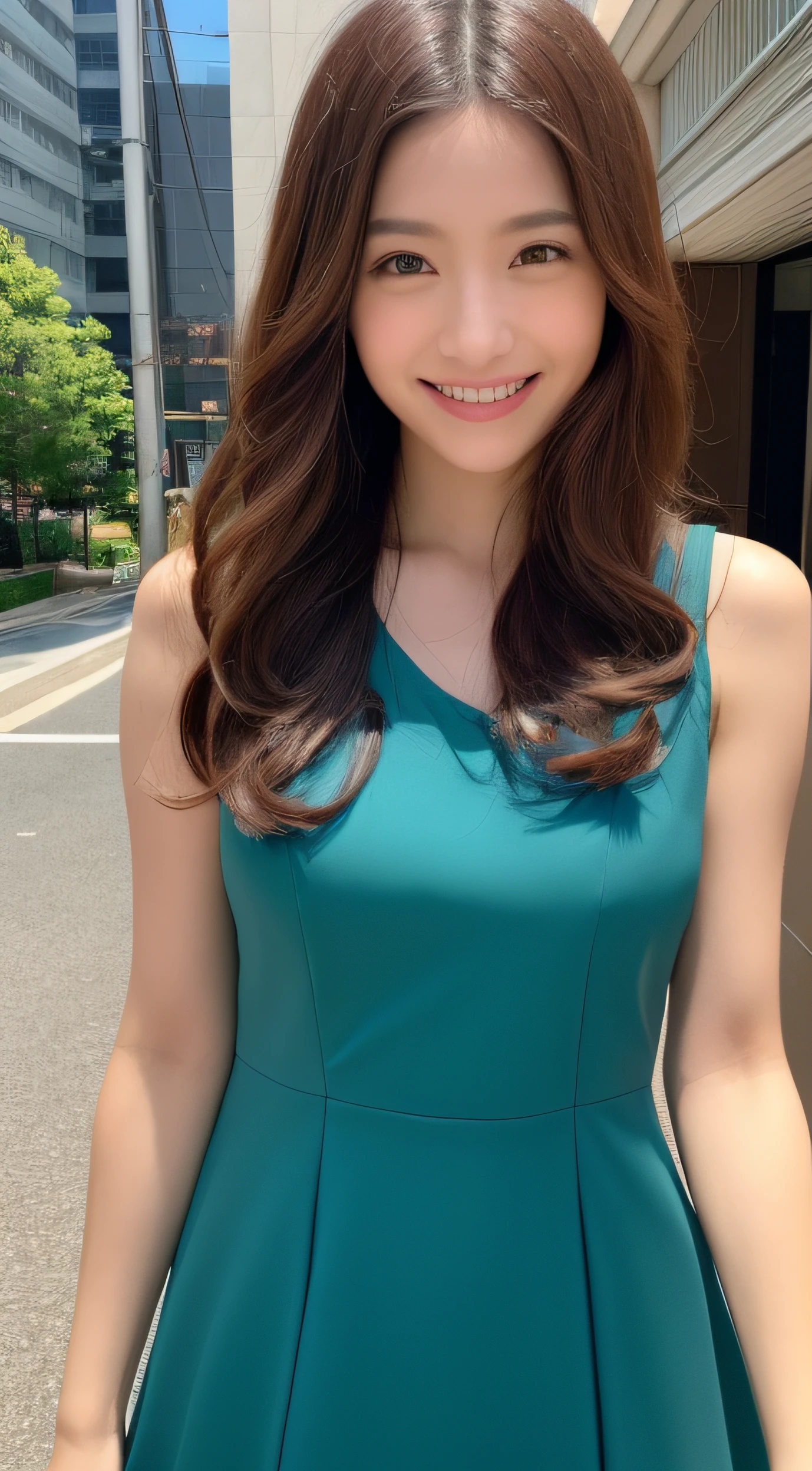 ((Realistic lighting、top-quality、8K、​masterpiece:1.3))、focus:1.2、1girl in、perfectbodybeauty:1.4、Slim abs:1.1、((Dark brown hair))、(aqua dress:1.4)、(outside of house、natta:1.1)、City Street、Superfine Face、Fine Eyes、二重まぶた、Super beautiful photo、（With a Female Friend）（2 females）、Real Japan People、Super cute、a smile