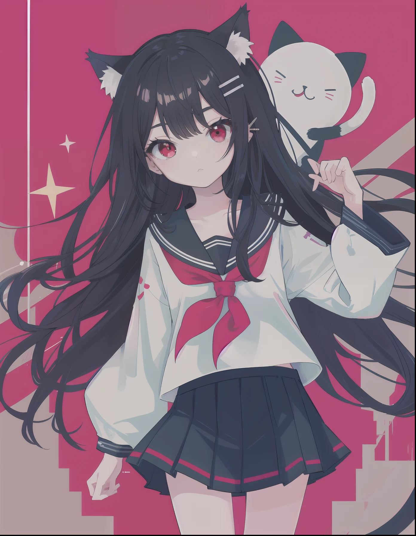 Long hair, Black hair, hair pin,1girll, Cat girl, Flat chest, Red eyes,teens girl,serafuku，