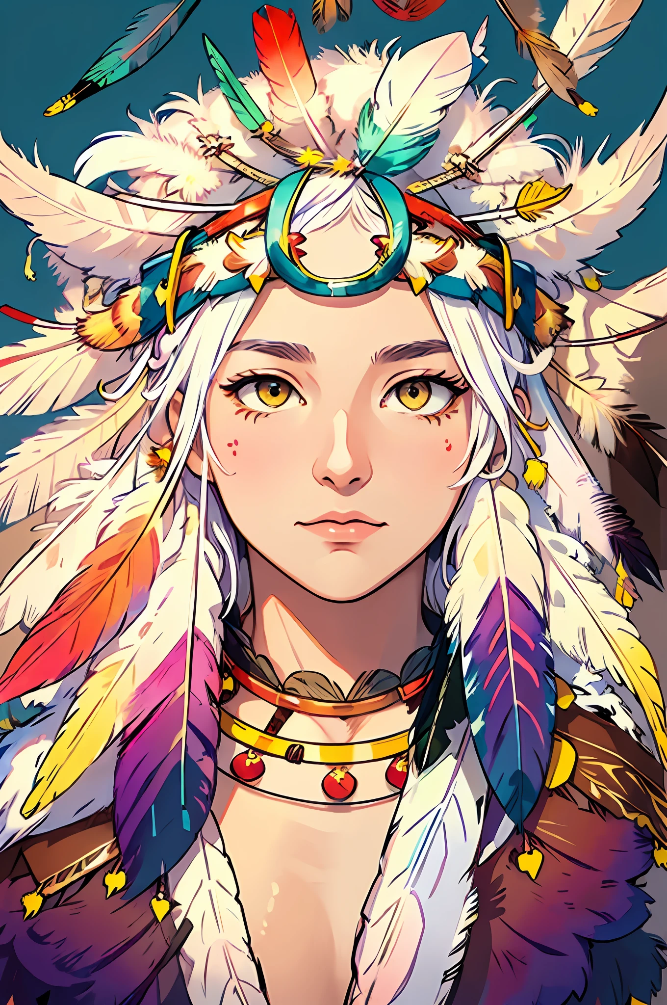 masutepiece, Absurd, hight resolution, super fine details, High quality, Good color, Good color effect, portfolio, One girl, (Eagle Feather Crown:1.8), (a lot of colorful feathers covering her head,,:1.8), Ethnic tattoos,
Beautiful eyes, Young Face, dignified expression, Beautiful, Stylish, Cool
(ink and watercolor painting, Shading methods: 1.5), White hair, Long hair, Straight hair, Super precision background, Detailed drawing, (Lots of feather background:1.5),