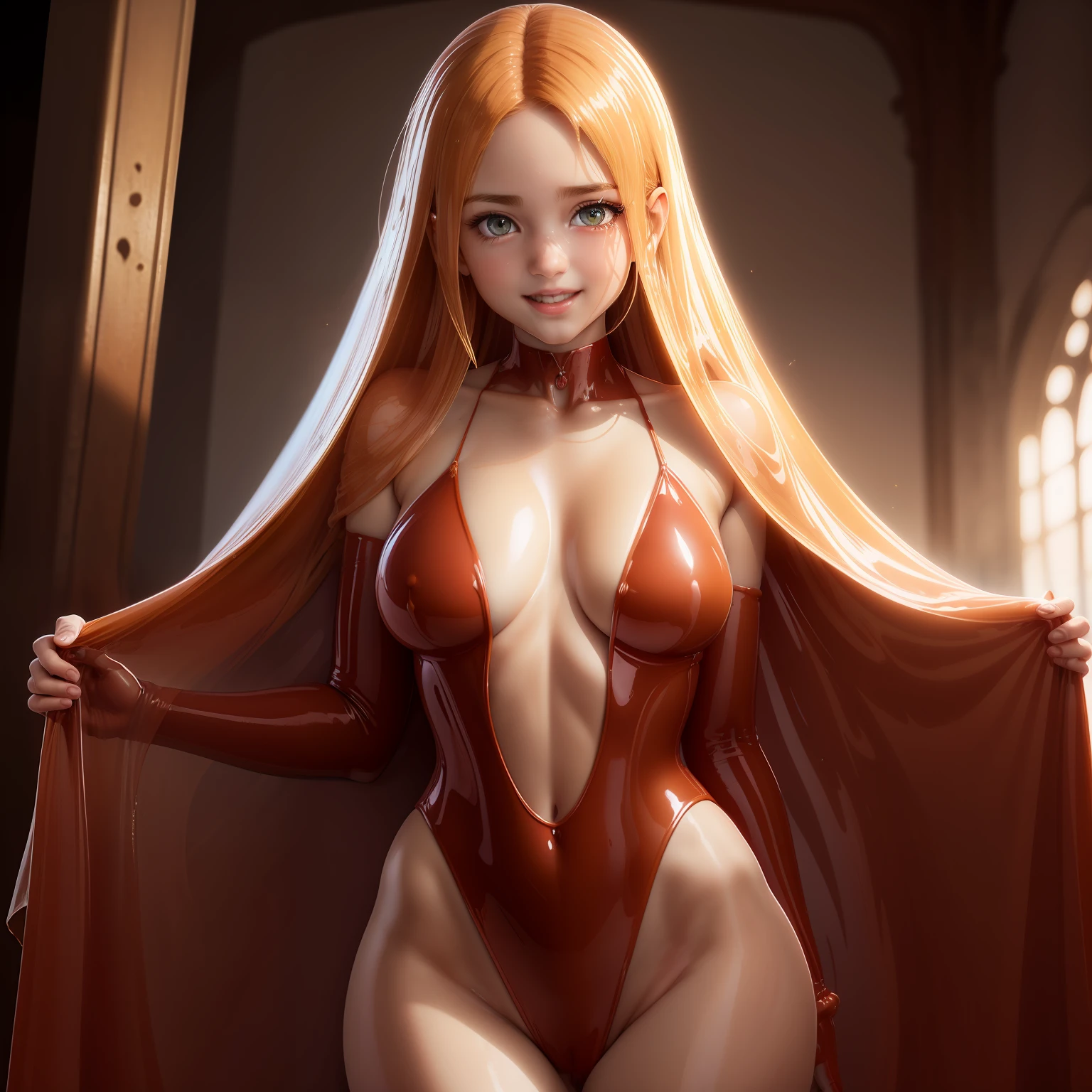Rubi, sangue, Cute liquid 1girl in bodysuit cloth, dance, (translucent skin), Drop of water, bolha, obra-prima, melhor qualidade, rosto claro, tiro distante, luz frontal, vista frontal, com rabo de cavalo curto rosa, ((grande sorriso quente)), (8k, foto RAW, melhor qualidade, obra-prima:1), rosto claro, soft-lighting, alta qualidade, grain of film, cabelo longo, posando para uma foto, hora dourada, luz manchada e sombra pureerosface_v1