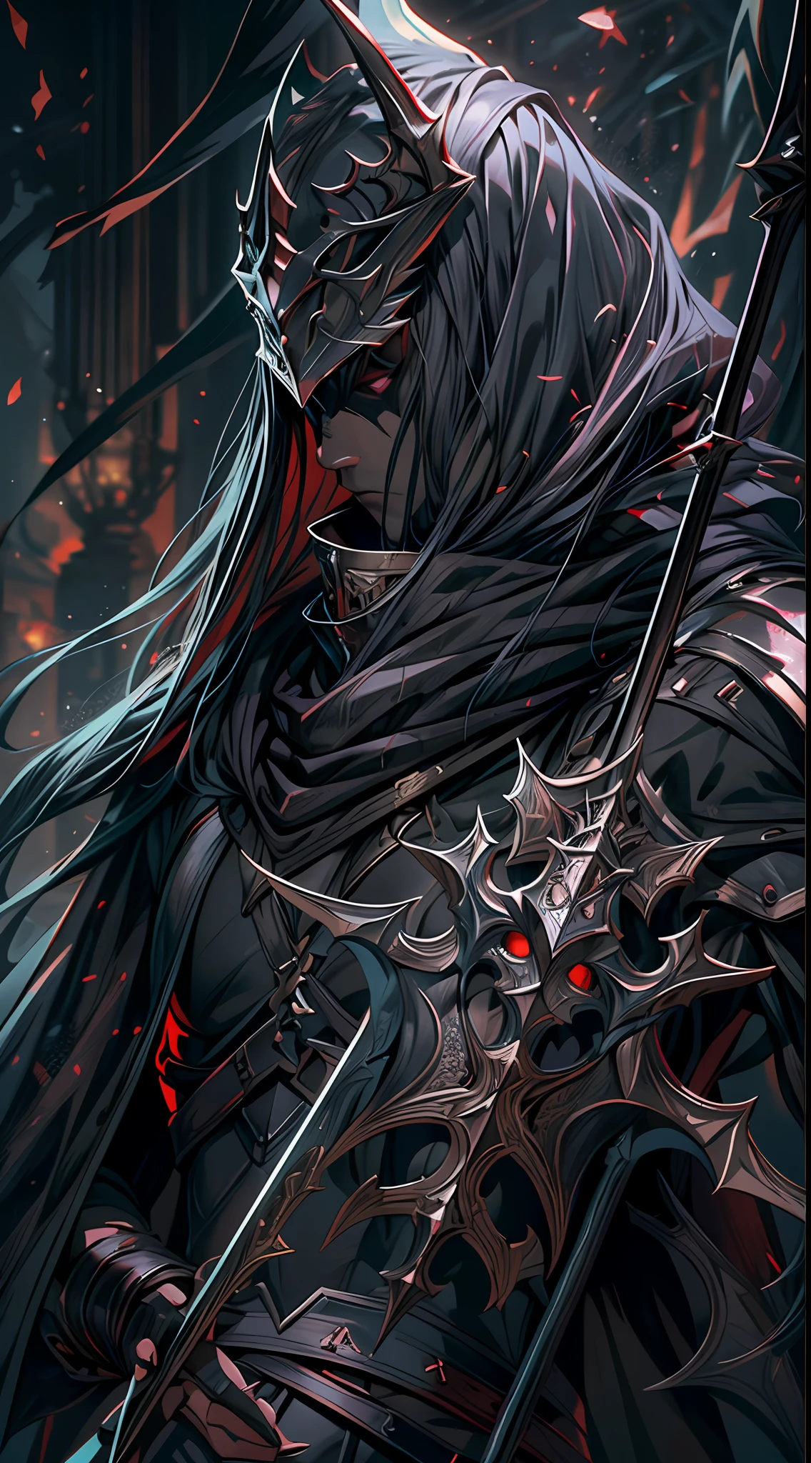 (RAW Photo, Best Quality), (Realistic, Photorealistic Photo: 1.3), Best Quality, Highly Detailed, Masterpiece, Ultra Detailed, Illustration, a close up of a person holding a sword in a dark room, grimdark paladin, by Yang J, dark fantasy style art, evil knight, dark fantasy concept art, shadowbringers cinematic, fantasy paladin, dark fantasy style, epic fantasy art style, from arknights, gothic knight, high fantasy concept art, amazing 8k character concept art, upper body, mascular, high detail on muscles, Best Quality, Extremely Detailed CG Unified 8k Wallpaper, Ink, Amazing, badass look, portrait, close up (skin texture), intricately detailed, fine details, hyperdetailed.