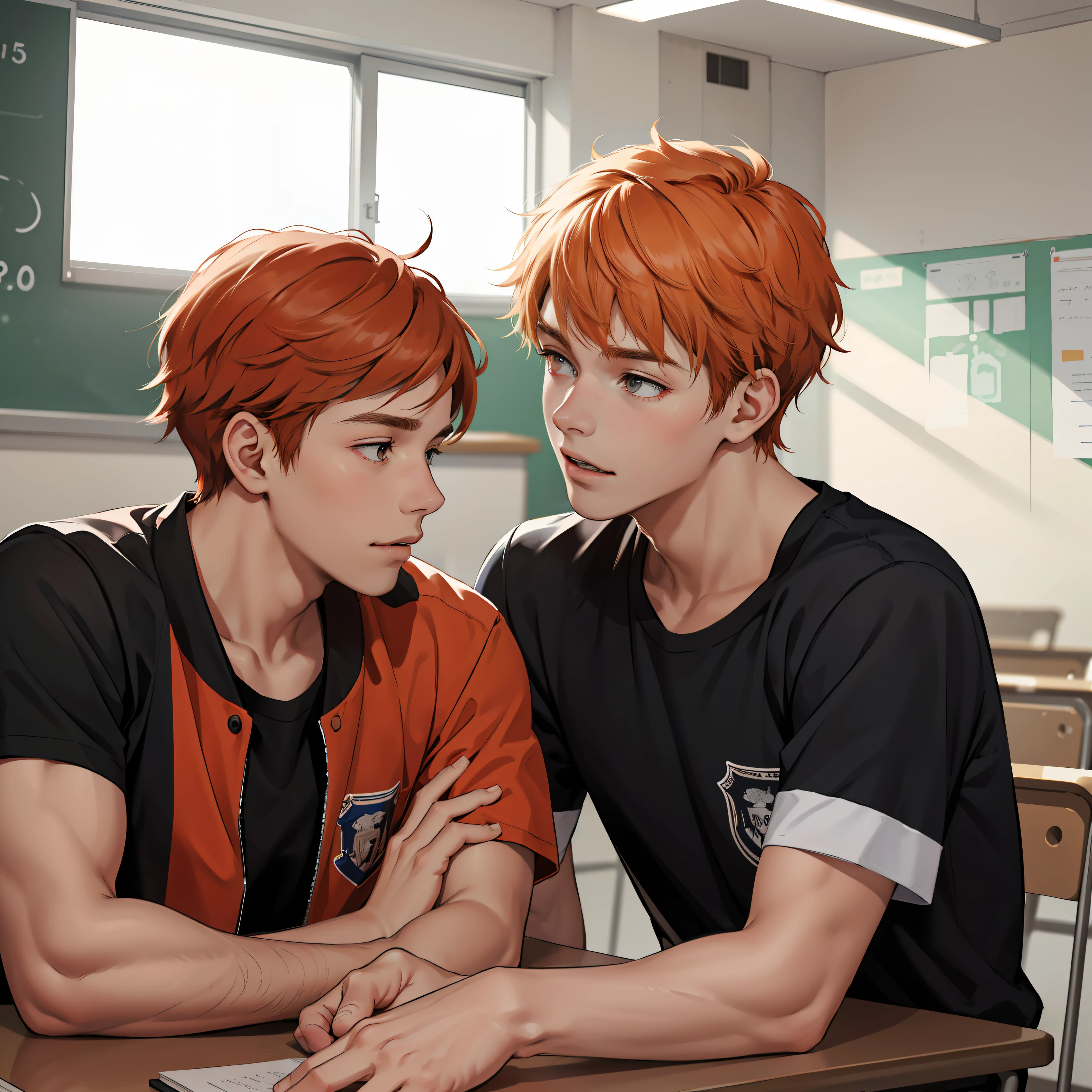 Two 15-year-old orange-haired teenage male friends chatting at school share a secret that they are almost friends with siblings... (usar los mismo personajes)