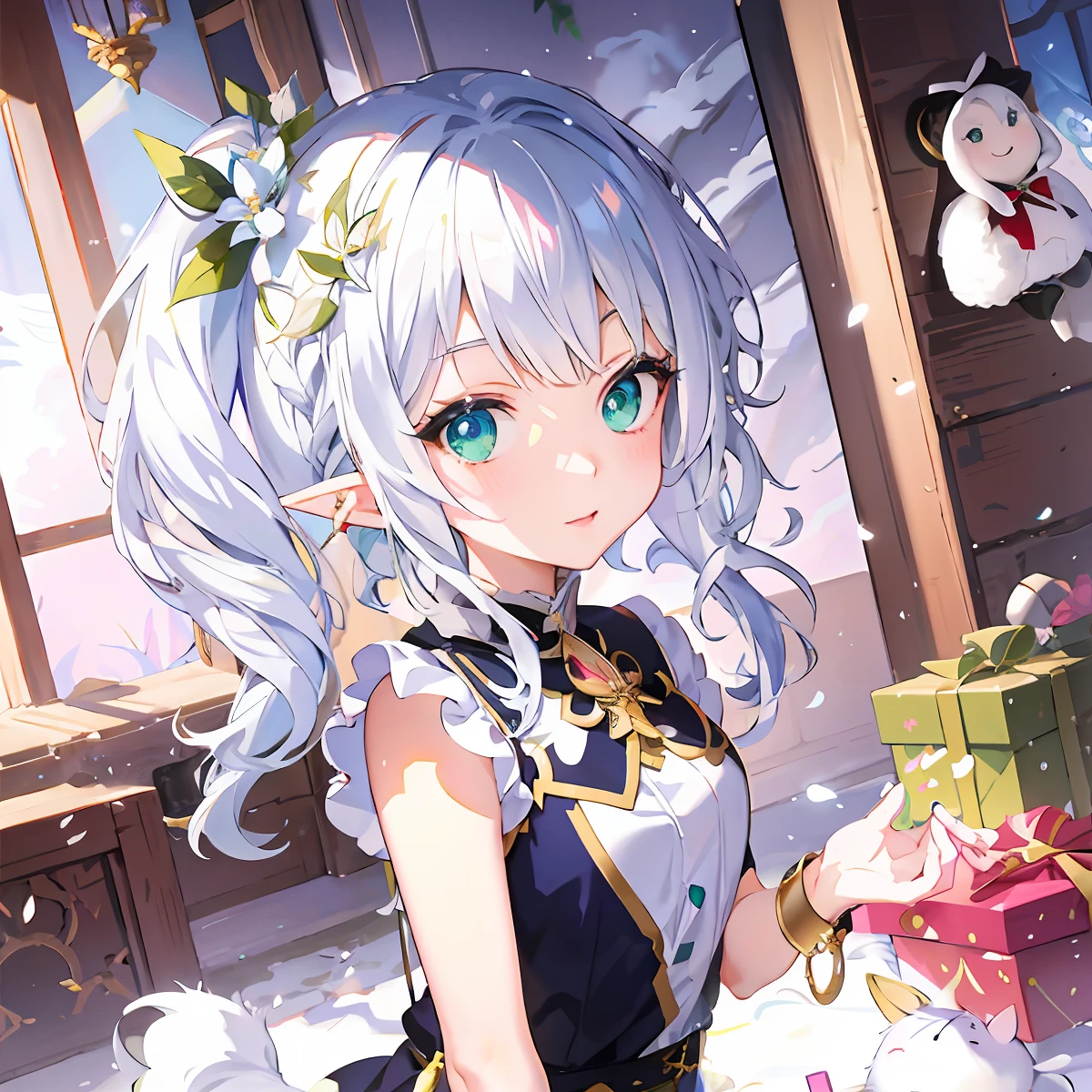 Anime girl with white hair and green eyes holding gifts, Elf Girl, Ayaka Genshin impact, white-haired god, Splash art anime , elf girl wearing an flower suit, Official artwork, anime visual of a cute girl, Detailed key anime art, offcial art, portrait of an elf, astri lohne, Guweiz in Pixiv ArtStation