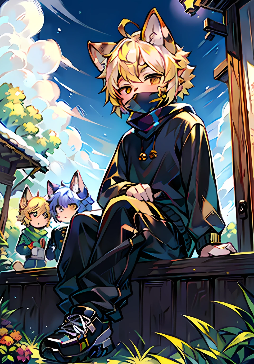spheres,trpical garden,short detailed hair,blond hairbl,ahoge,Bell,Earphone,lowerbody,Gamine,hairy pubic,Cat ears,clouds,daysies,Skysky,suns,in the winter,No spots,Cubs,Yellow hairs everywhere,Yellow fur everywhere,Cat ears,Cat type,large fluffy tail,tmasterpiece,High-quality portraits,human - shaped,Cubs,sbeard,Solitary child boy,ventania,posing on a,full-shot,full bodyesbian,Black sweatshirt,black long pants,Blue scarf,black sneaker shoes,Super cute face,Cute boys,wearing face mask,Cool