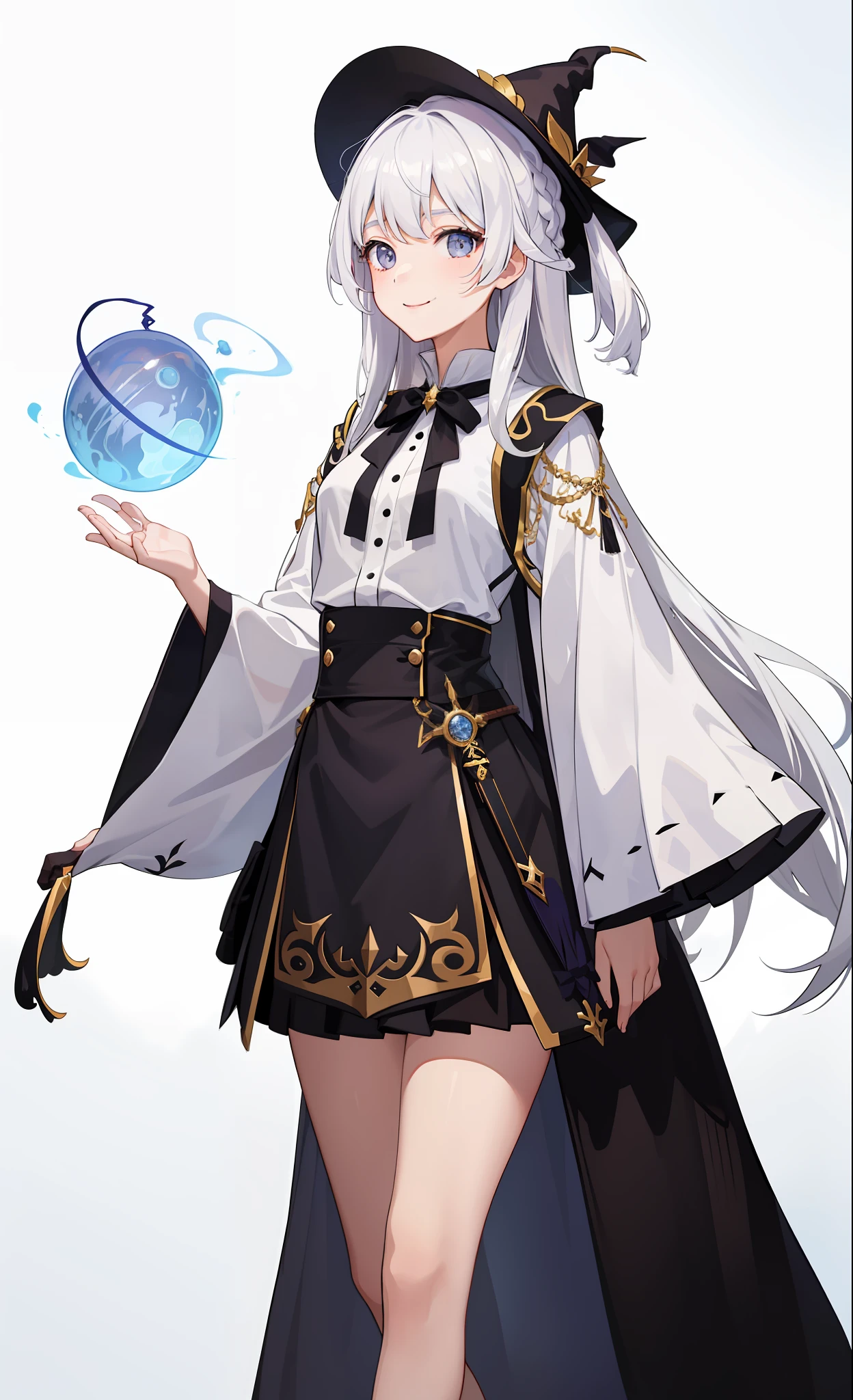 1girl in、A smile、The shirt、Blouse、skirt by the、(small tits)Chilarism、movement、Hats、cloaks、magic wands、Sorcerer、white hair、Sexy costume、