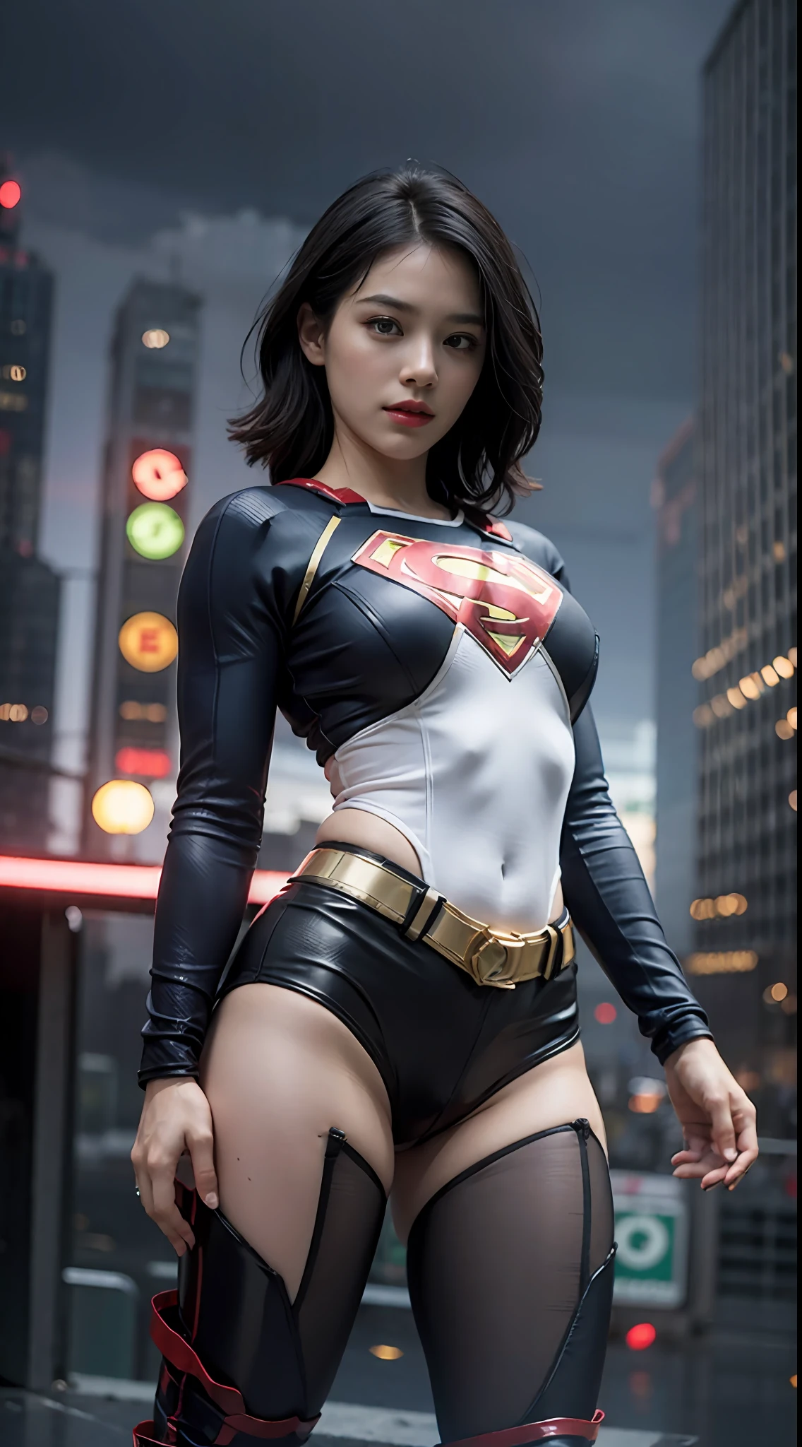 Best Quality, masutepiece, (Photorealistic:2), Ultra High Resolution, Highly detailed, A hyper-realistic, 1girl in, Supergirl Suit, superman logo, Black hair, Short hair, Slim body, Full Shot, Standing Pose, From below, Looking at Viewer, Night, city, Rain, cyberpunk vibe, Dark Scene, Dark atmosphere, light neon, myst, cloudy, Lightning, Detailed background