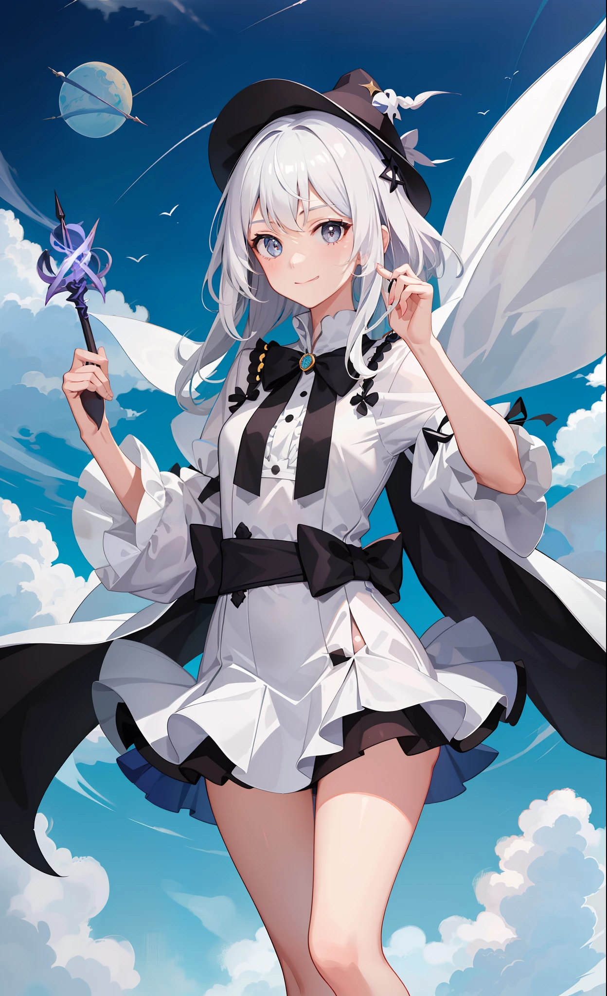 1girl in、A smile、The shirt、Blouse、skirt by the、(small tits)Chilarism、movement、Hats、cloaks、magic wands、Sorcerer、white hair、Sexy costume、