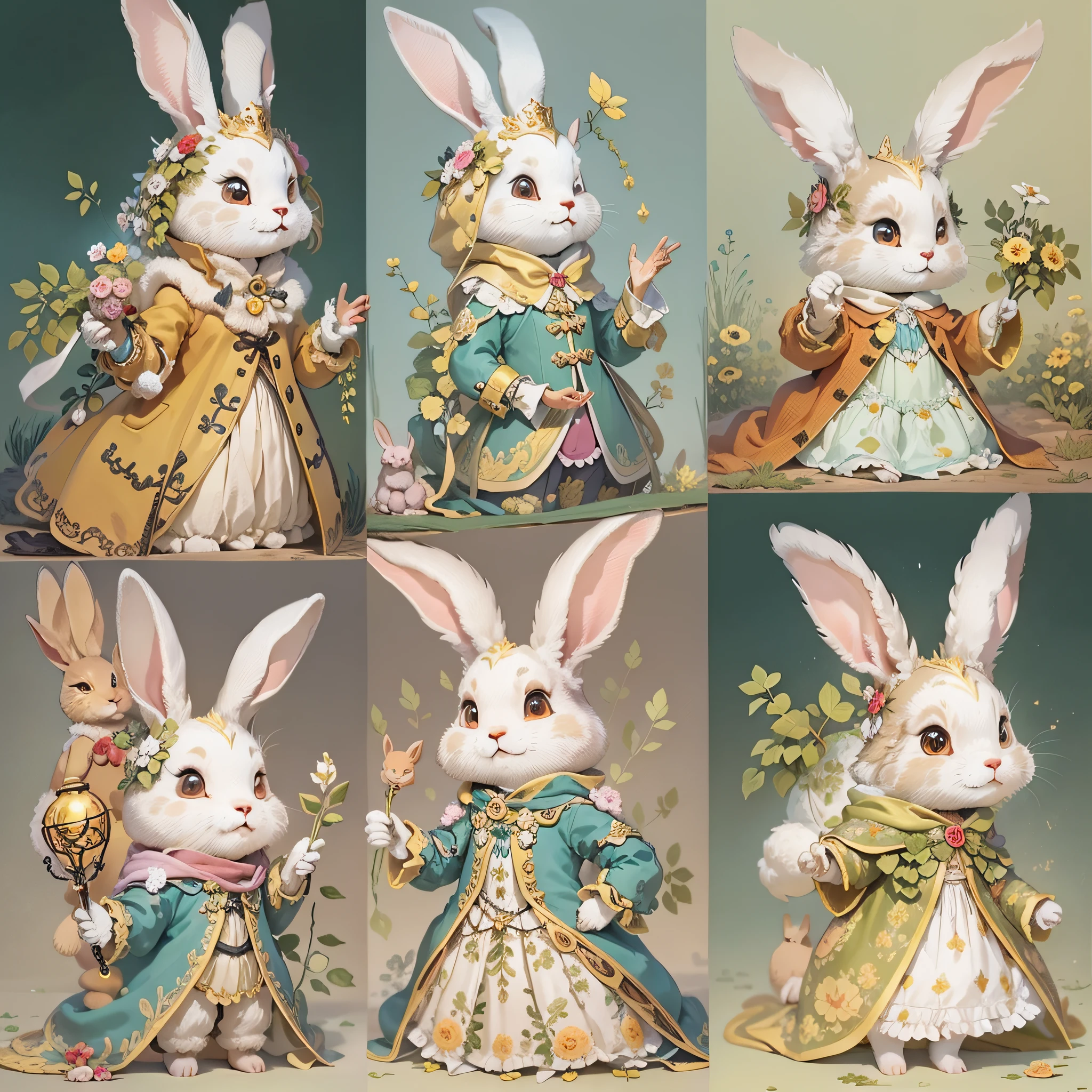Queen's Rabbit、Multiple facial expressions、Anthropomorphic cute rabbit、Cute characters from fairy tales、Cute rabbit in coat、18th century French clothing、Colorful colors、An ultra-high picture quality、Super delicate、Character design drawings、Full body like、Multiple Pose、