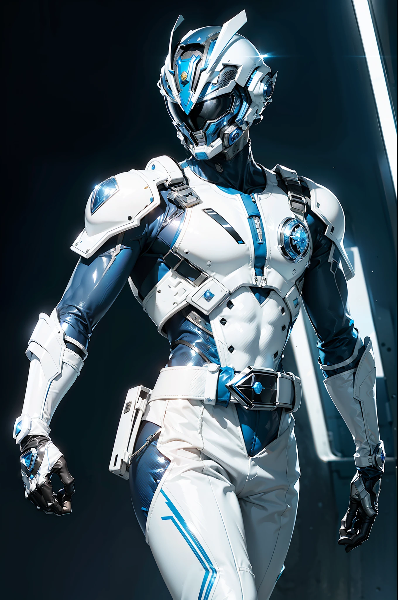 ((power ranger)), One guy、 Blue costume, Solo, ((slim figure)), (Anatomically correct), Cowboy Shot, Masked face, (Blue complex cybersuit), (Intricately designed hero suit), White sleeves, Suits with complex lines, Thin cybersuit with a tight body, long leather gloves up to the white elbows,, Arm cover made of hard material, White Leather Boots, Wearing a full-face helmet, (White belt), (Large metal buckle), (full body suits), (Full face helmet with no exposed face), Crystal embedded in helmet, (Very shiny cybersuit), Cyber suit made of silk, A cybersuit that adheres to the body