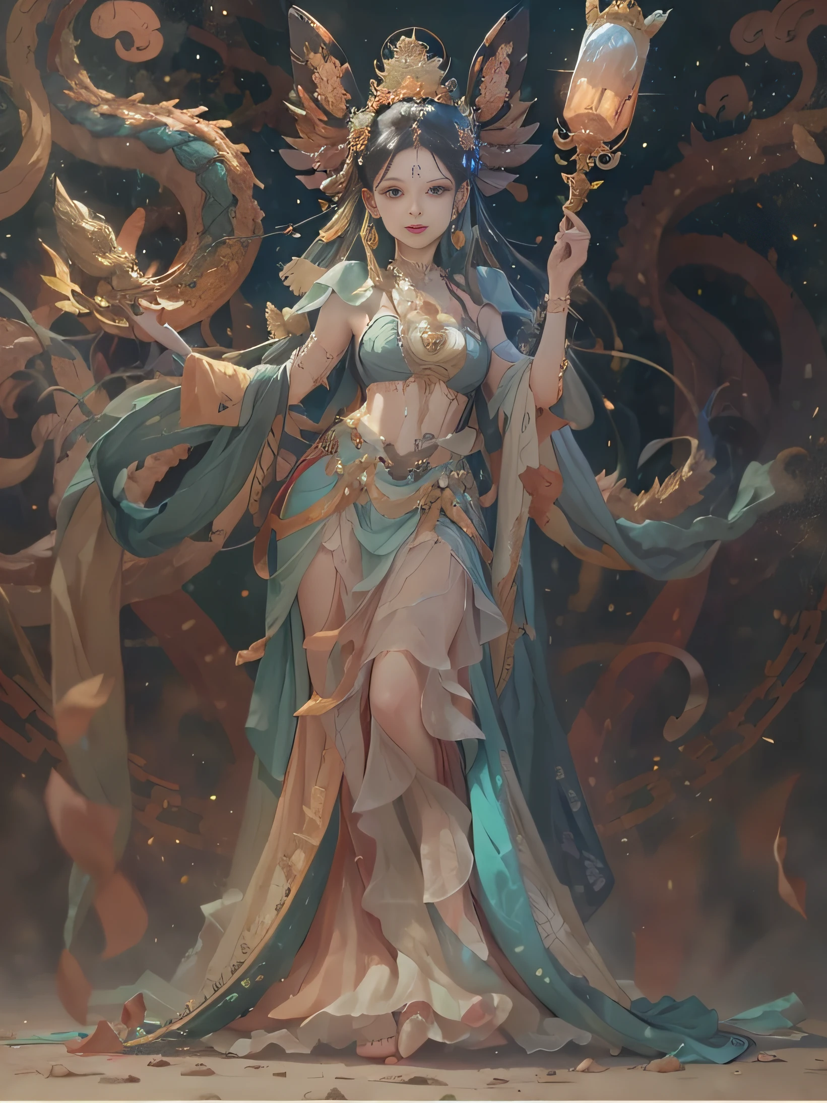 Kizi, Clear face, Beautiful and delicate face, Dunhuang costumes, holding a staff, ssmile, Textured skin;, exteriors, Dragon Totem, Mysterious space;, nigth, A ray of light, Perfect lighting;, People up close, Bust photo, Four different poses;, hyper HD, high detal, high qulity, The is very detailed, 16K;, 3Drenderingof;, UHD