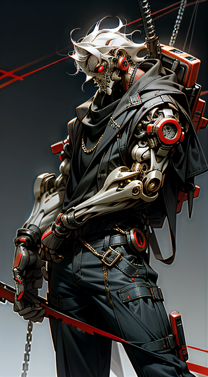 Dark_Fantasy,Cyberpunk,(chain saw,chain saw man,Red:1.1),1man,Mechanical marvel,Robotic presence,Cybernetic guardian,