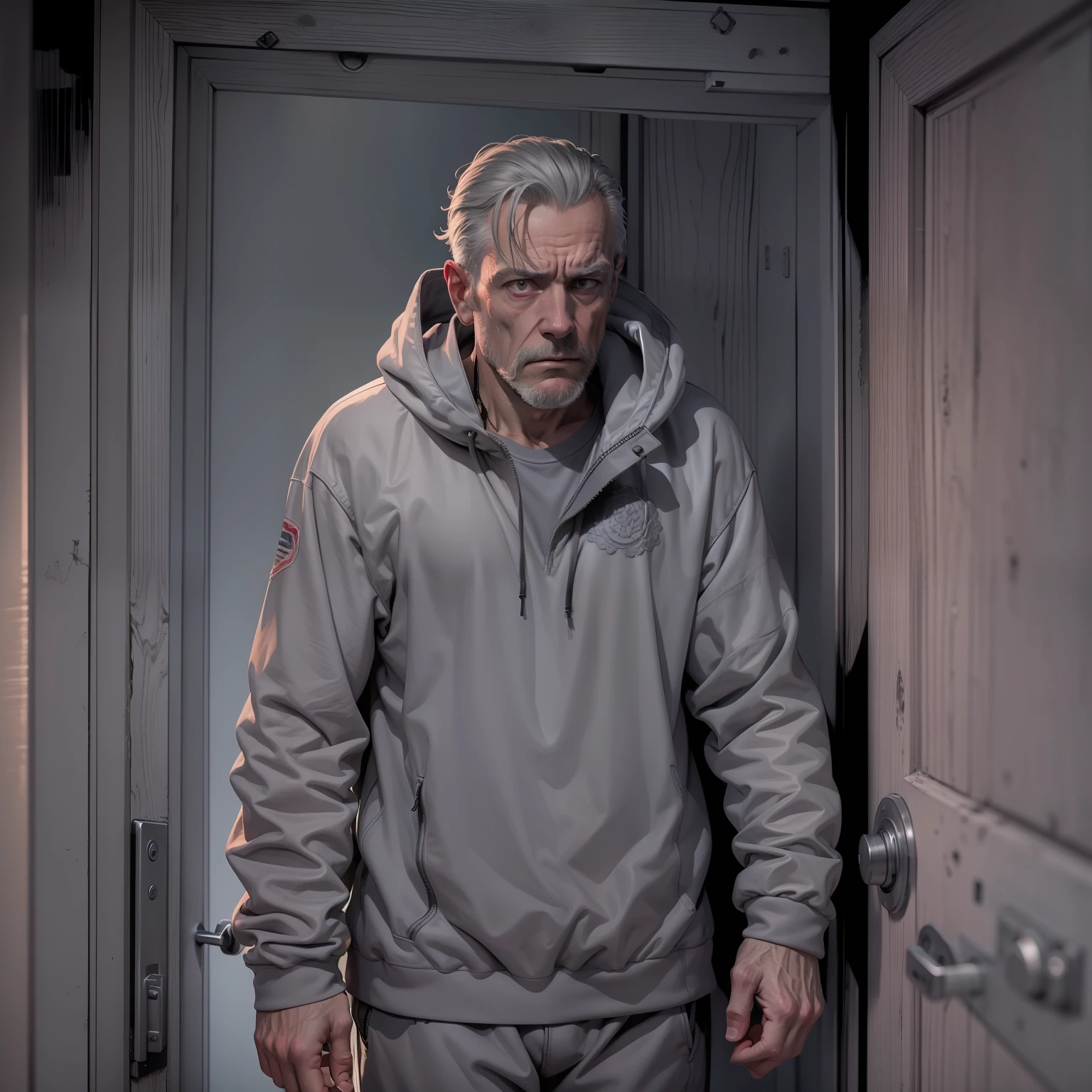 very detailed and extremely intricate 8k image in horror graphic novel style art of a sad 50 year old man dressed in a gray sweat suit, standing in the doorway of a plain, dark room