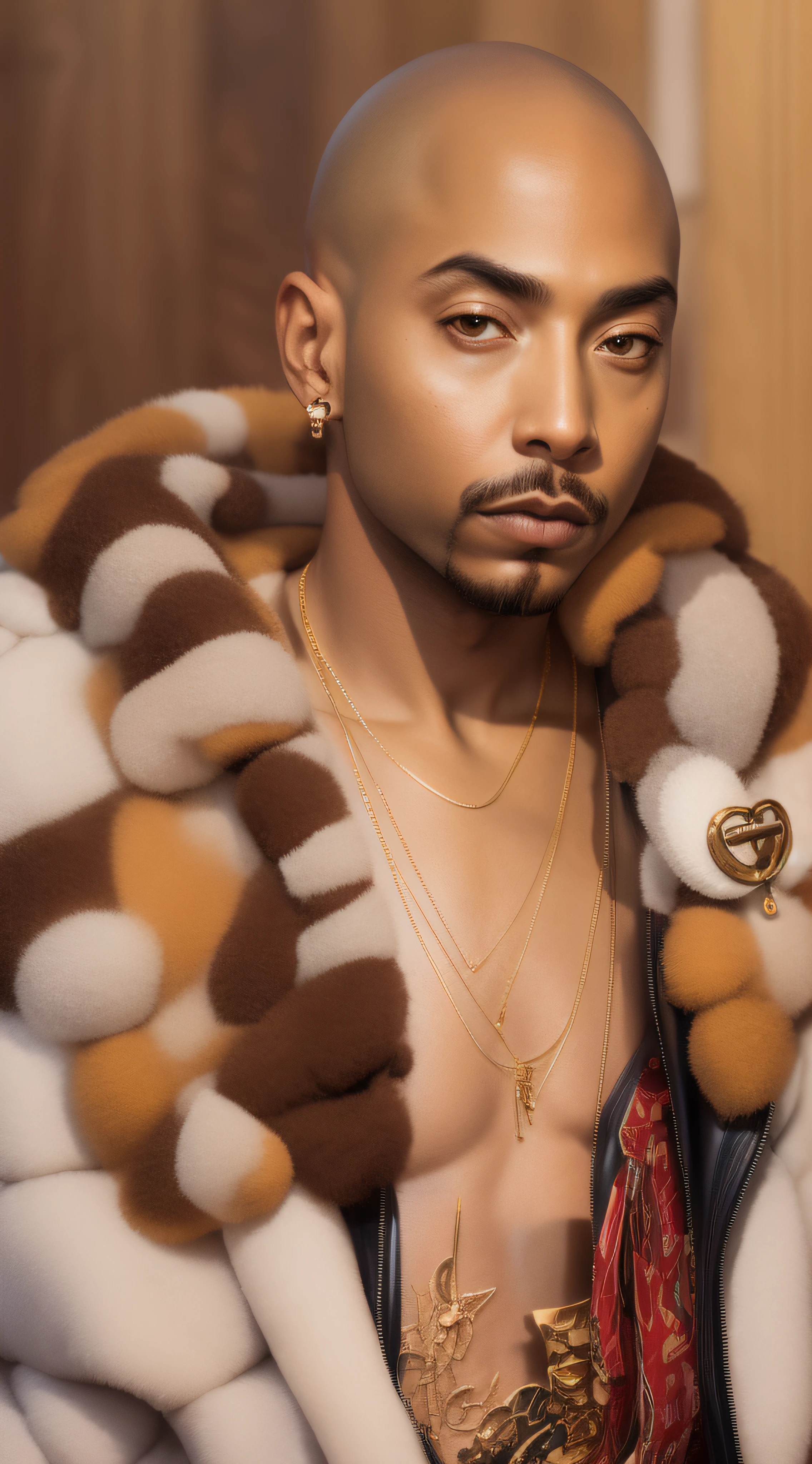 1rapper with Bald hair, T Pose, Fantasy Background, modern mink Fur Jacket (Gucci) (Fendi) (H R Gigger), High End Luxury Fashion, Lots of GOld Chains Jewelry and Diamonds, fog, detailed and realistic image, amazing composition with vintage scenery with abstract shapes, abstract minimalist background with tentacles, melt, drip, yoshitomo nara:1.5, wes anderson:1.3, new casualism, retro, minimalism,BiopunkAI
