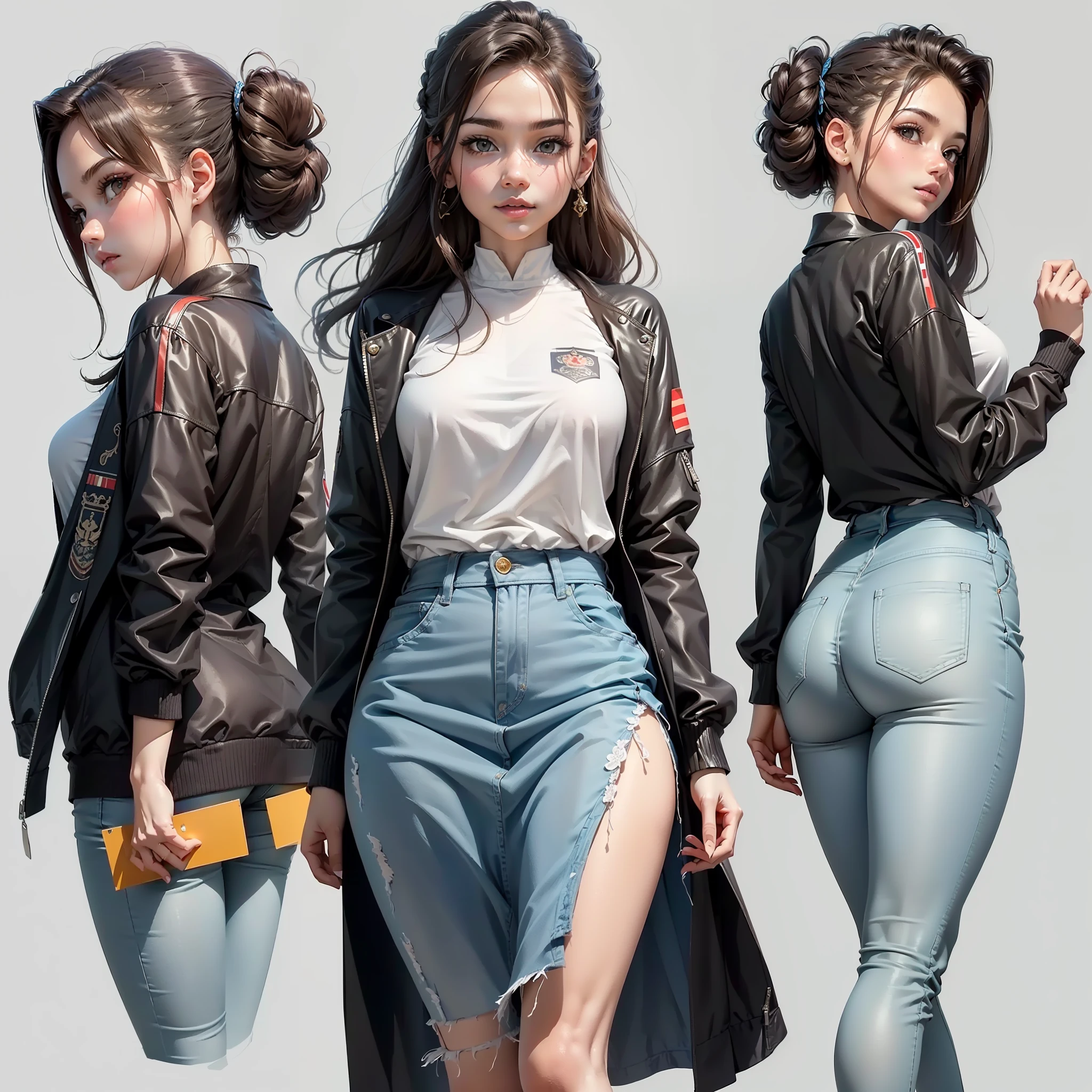 ((masterpiece)),(((best quality))),(character design sheet, same character, front, side, back), illustration, 1 girl, hair color, bangs, hairstyle fax, eyes, environment change scene, Hairstyle Fax, Pose Zitai, Female, Shirt Shangyi, Star, Charturnbetalora, (simple background, white background: 1.3), --6