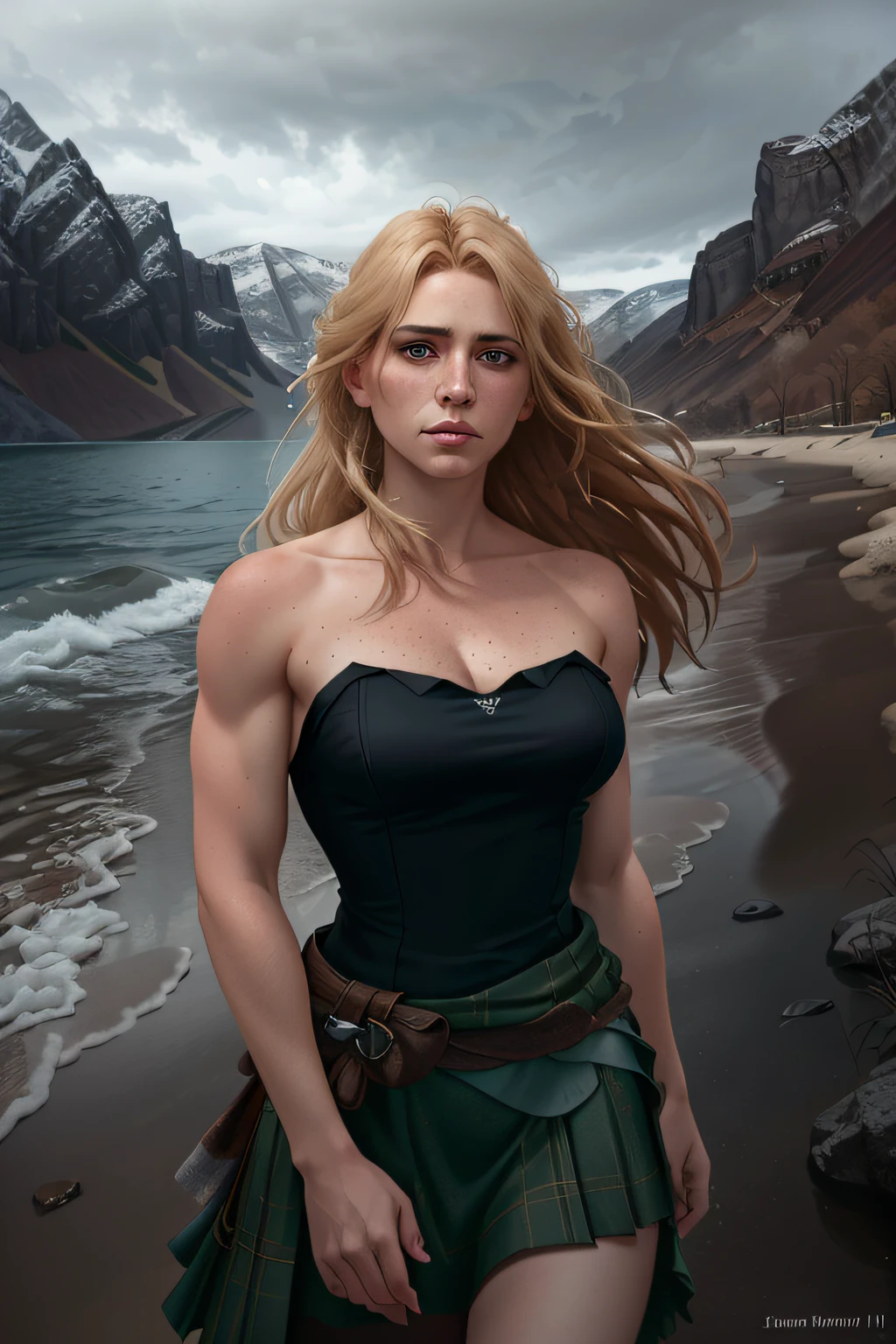 deepshadow, sinister, an award winning photograph, Best quality, Masterpiece, Upper body, woman, Freckled face, Blonde hair blown by the wind, Emerald eyes, Jeremy Lipkin's modern strapless dress, author:Antonio J. Manzanedo, author:Lee Jeffries Nikon D850 Film Stock Photo 4 Kodaport 400 Camera F1.6 Shots rich colors Ultra-realistic realistic textures Dramatic lighting Trends on Unreal Engine ArtStation CineStill 800, fisheyelens, Style-Kilt, Windy beach, Scottish lakes, forest