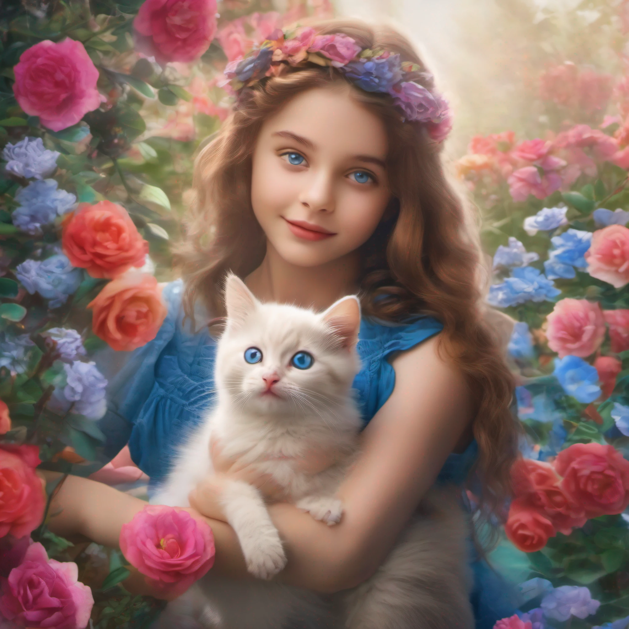 Uma loira feliz,Blue eyes hugging their kitten with great affection, em um jardim florido com centenas de flores e rosas multicoloridas, Nostalgic dinner, cinematic luminosity, obra prima, 16k, imagem realista.