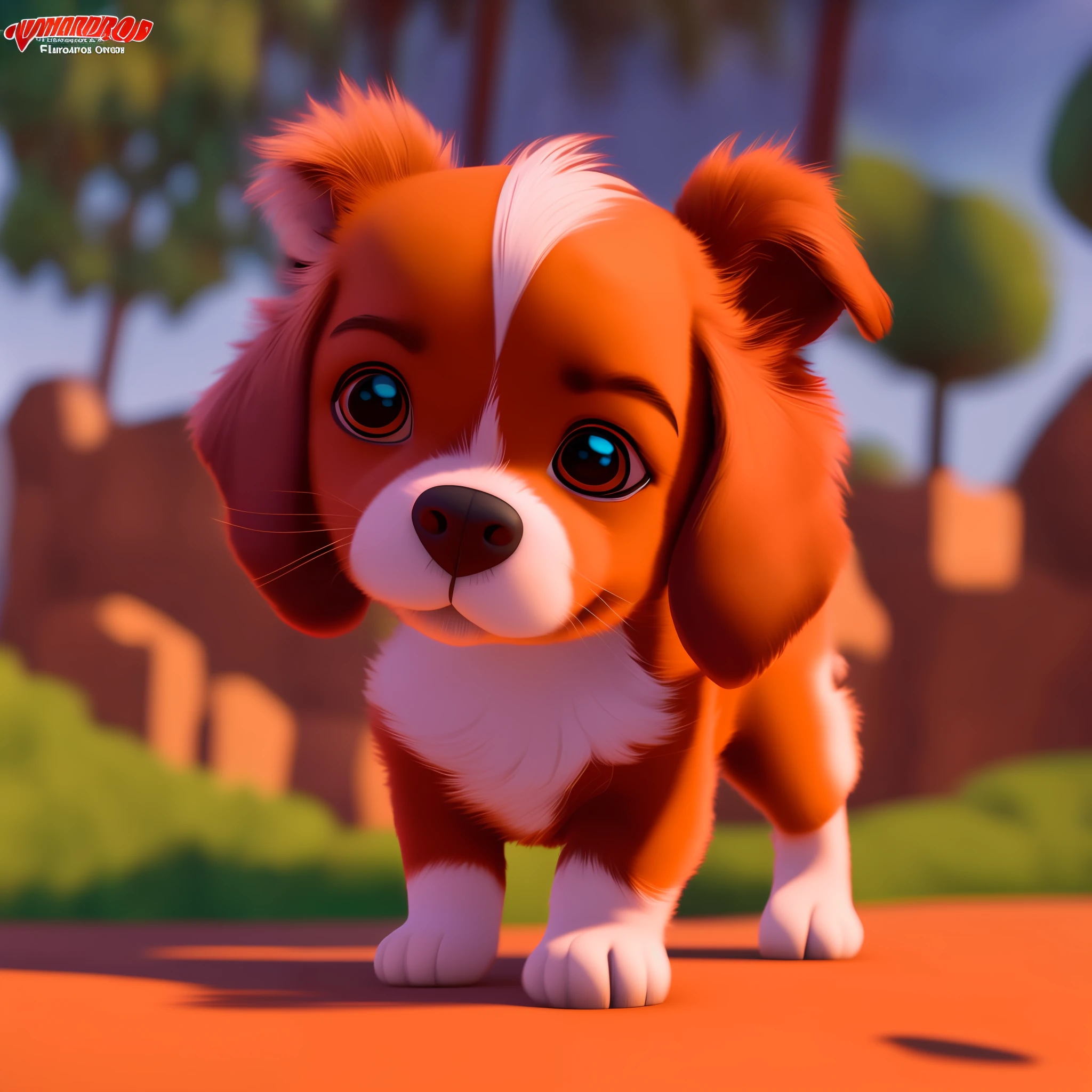 Cachorro pequeno cor caramelo com partes brancas coleira vermelha pelos curtos e lisos Cartoon pixar 8k uhd -- v5 --auto --s2