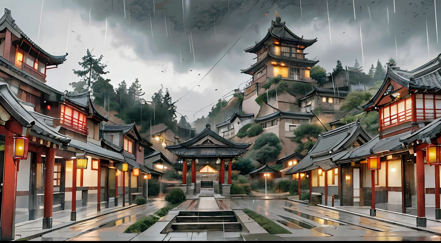 arafed view of a village with a lot of lights on the buildings, dreamy chinese town, chinese village, amazing wallpaper, japanese town, japanese village, hyper realistic photo of a town, old asian village, japanese city, by Raymond Han, rainy evening, cyberpunk chinese ancient castle, beautifully lit buildings, at evening during rain, beautiful and aesthetic, photography, cinematic, 8k, high detailed ((Heavy rain)))