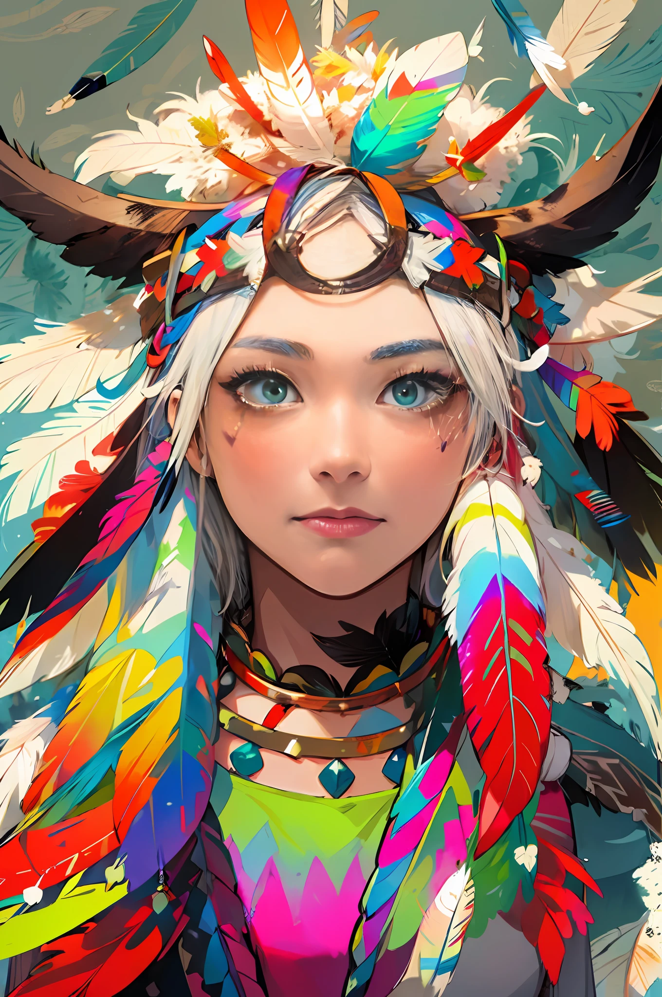 masutepiece, Absurd, hight resolution, super fine details, High quality, Good color, Good color effect, portfolio, One girl, (Eagle Feather Crown:1.8), (a lot of colorful feathers covering her head,,,:1.8), Ethnic tattoos,
Beautiful eyes, Young Face, dignified expression, Beautiful, Stylish, Cool
(ink and watercolor painting, Shading methods: 1.5), White hair, Long hair, Straight hair, Super precision background, Detailed drawing, (Lots of feather background:1.5),