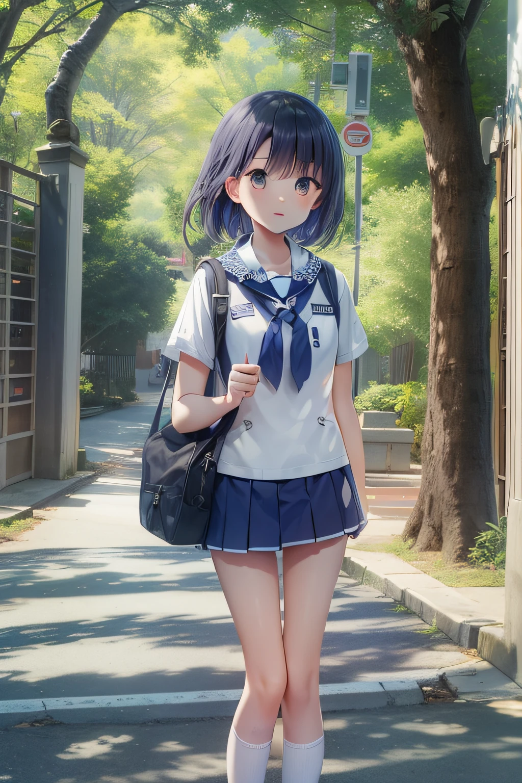 1 High School Girl、White and navy blue summer clothes、In front of the main gate of the school、tall trees on both sides、Looking at the camera