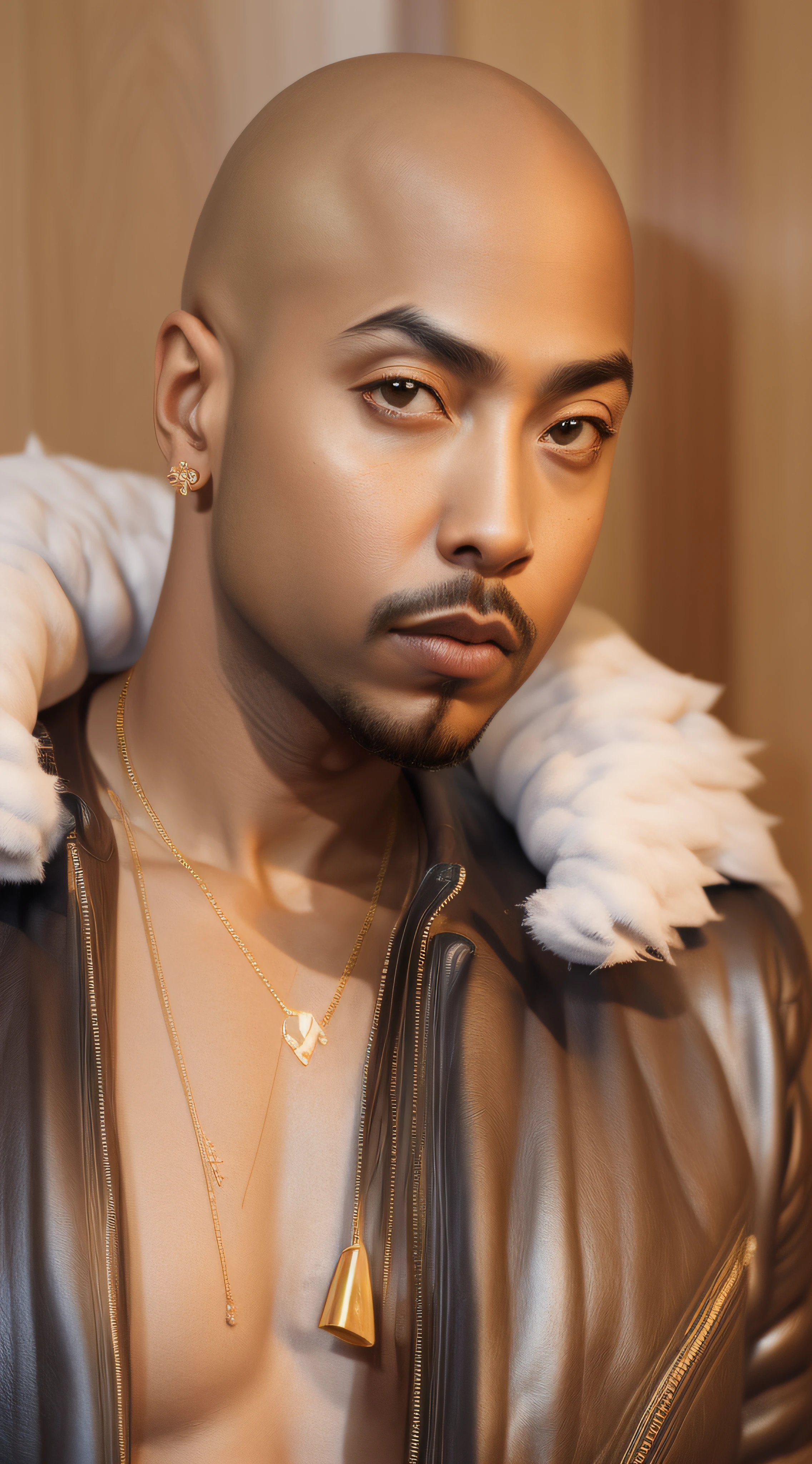 1rapper with Bald hair, T Pose, Fantasy Background, modern mink Fur Jacket (Gucci) (Fendi) (H R Gigger), High End Luxury Fashion, Lots of GOld Chains Jewelry and Diamonds, fog, detailed and realistic image, amazing composition with vintage scenery with abstract shapes, abstract minimalist background with tentacles, melt, drip, yoshitomo nara:1.5, wes anderson:1.3, new casualism, retro, minimalism,BiopunkAI