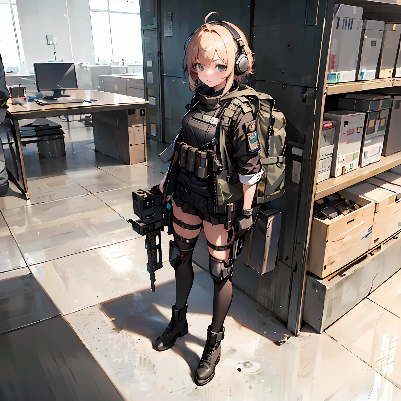 Realistic, detailed, high res, woman in tactical gear, masked, looking to viewer, posing with sniper