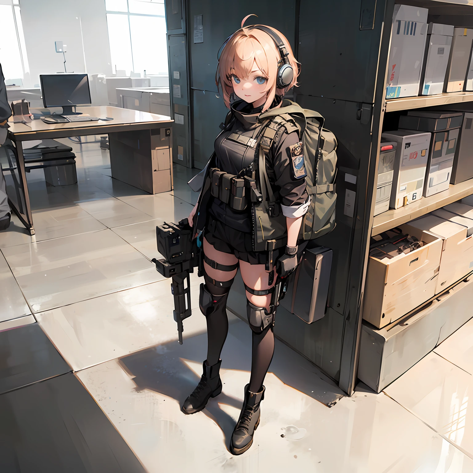 Realistic, detailed, high res, woman in tactical gear, masked, looking to viewer, posing with sniper