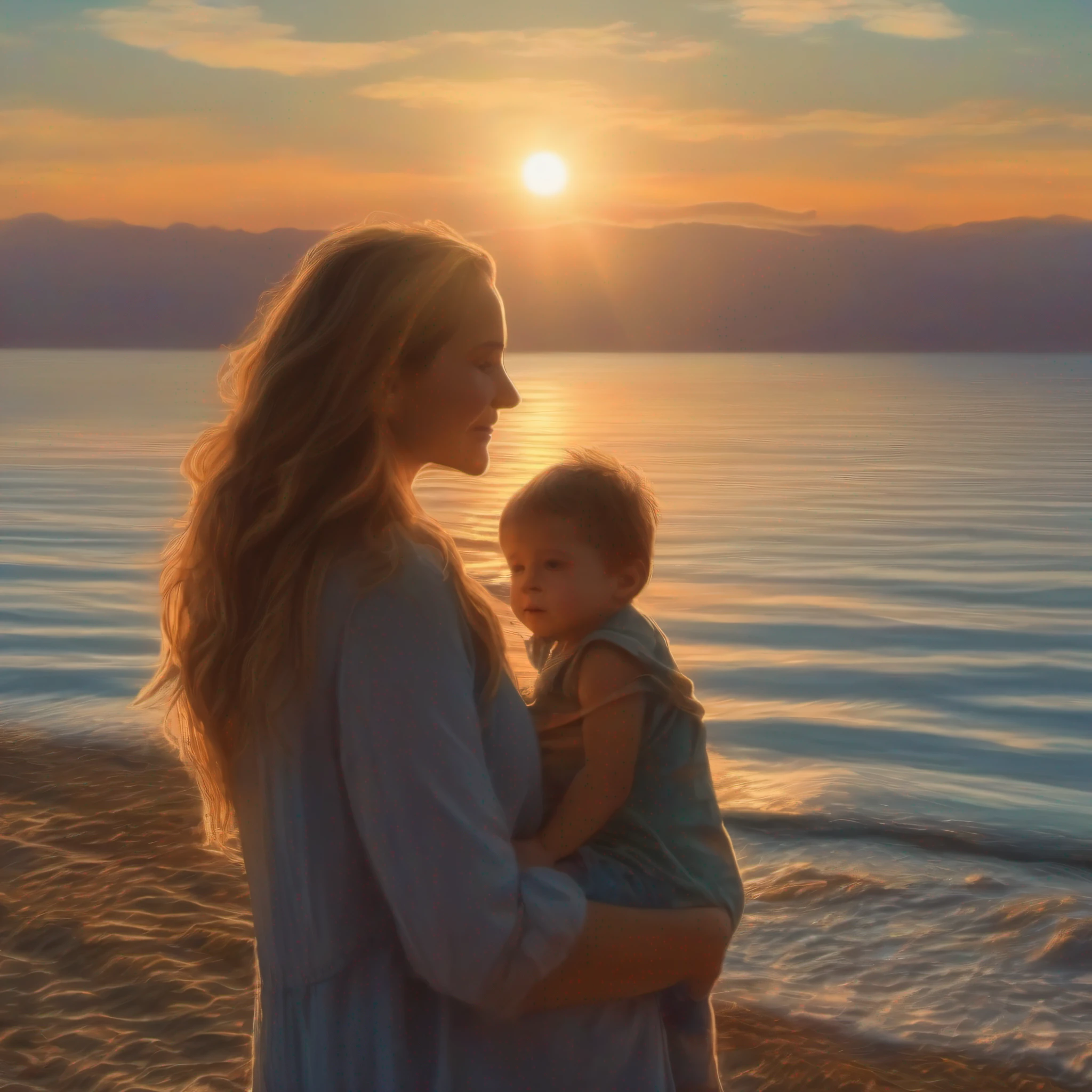 A beautiful mother holding her son in her arms, Standing watching the sun go down, bright rays of the sun at dusk reflected in the mother and her child, Background with very blue sea and multicolored distant horizon with the last rays of the sun, imagem muito sentimental, 16k, Realistic, cinematografic.