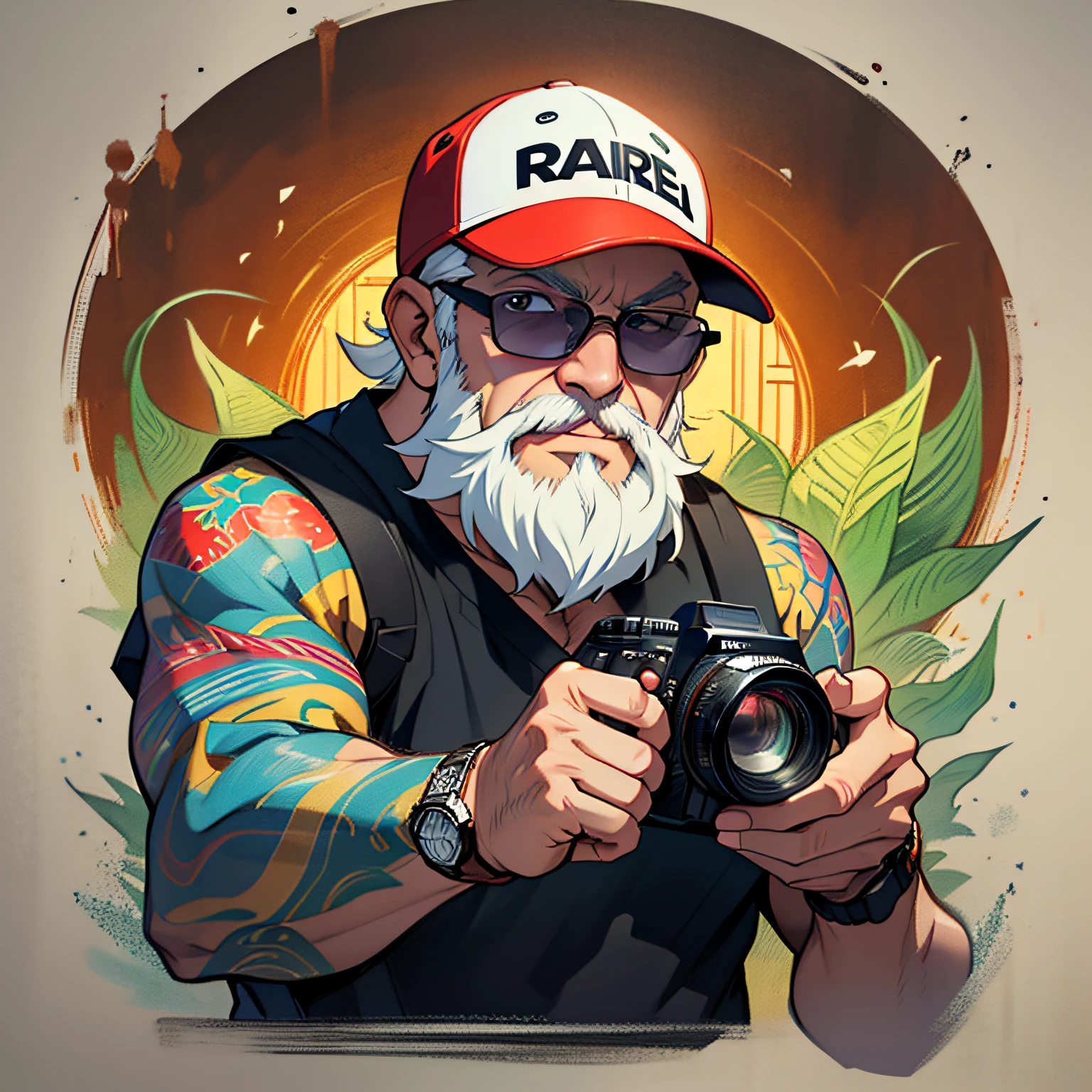 （（A 60-year-old white-bearded man takes a photo with a DSLR camera：1.2）），frontage，Wear a sweatshirt，With a baseball cap，Wearing sunglasses，Canon camera，Dragon Ball painting art style，Japanese cartoon style，Wearing glasses，There are tattoos on the arms，Wrist watch。