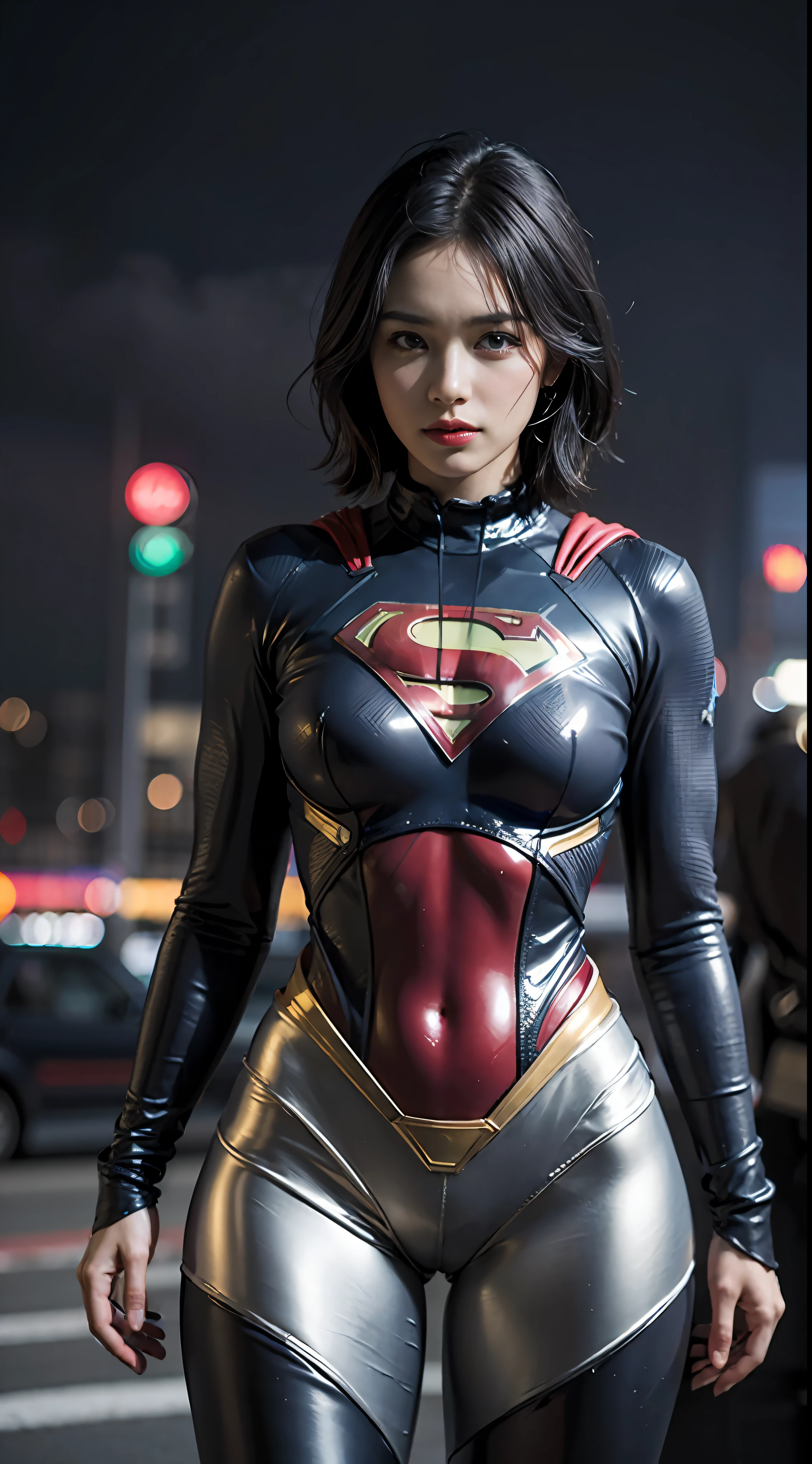 Best Quality, masutepiece, (Photorealistic:2), Ultra High Resolution, Highly detailed, A hyper-realistic, 1girl in, Supergirl Suit, superman logo, Black hair, Short hair, Slim body, Full Shot, Standing Pose, From below, Looking at Viewer, Night, city, Rain, cyberpunk vibe, Dark Scene, Dark atmosphere, light neon, myst, cloudy, Lightning, Detailed background