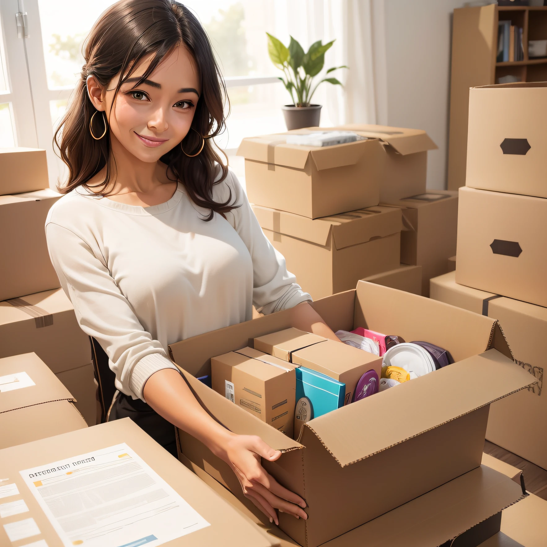 Woman at home happy with several boxes of orders she received from purchases she made over the internet