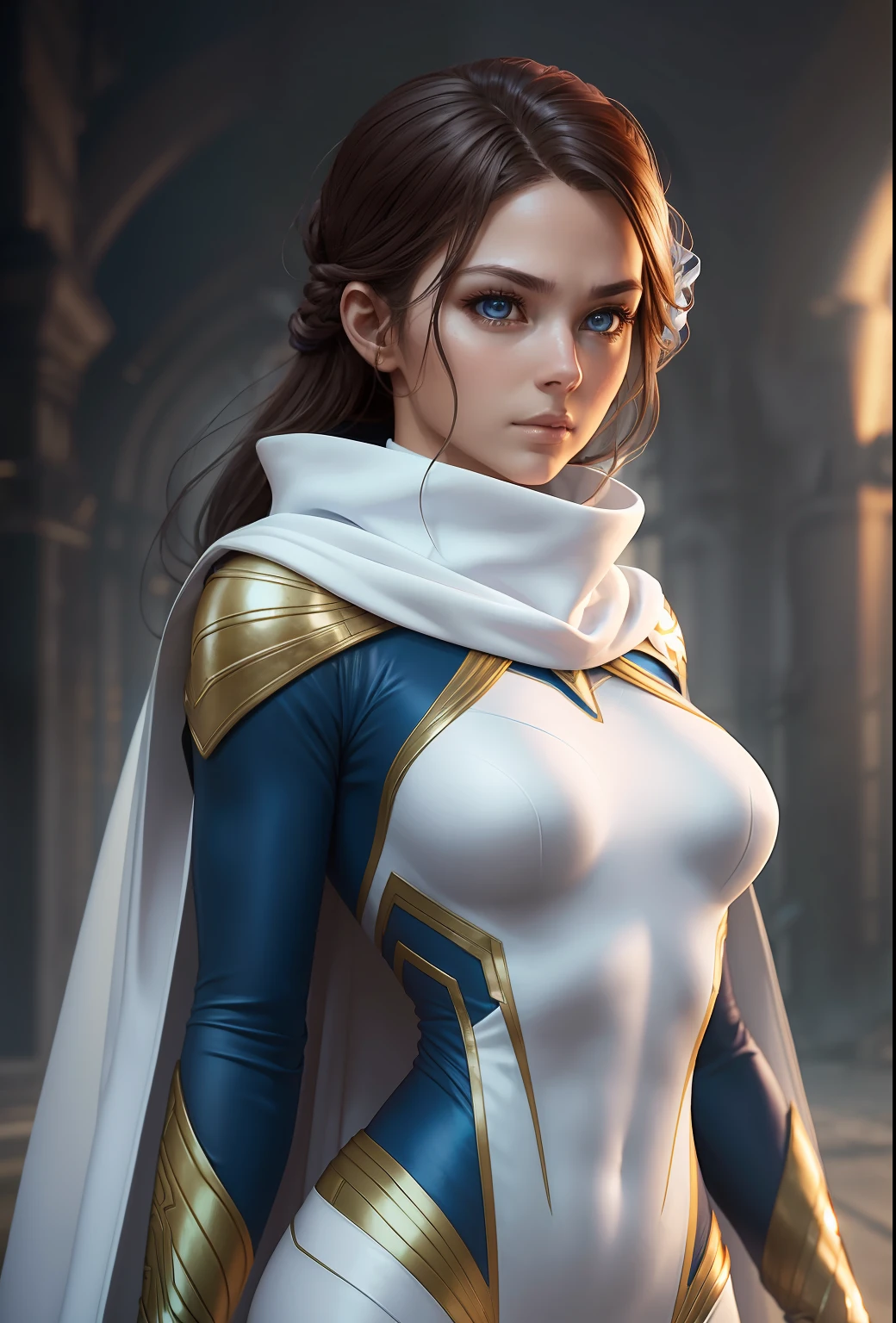Bust ((half body)) hyperrealistic masterpiece, Superheroine girl ((in Elden Ring style)) in extremely detailed tech tight plugsuit ((with scarf & white cape)), cinematic illumination: Ultra HD