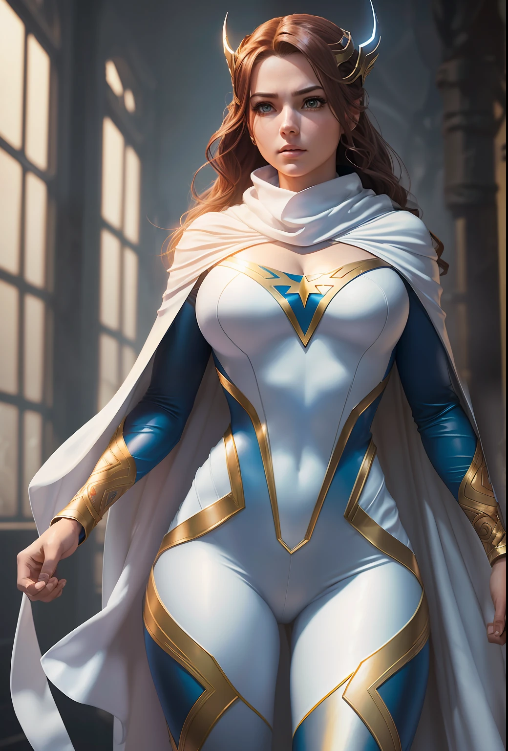 Bust ((half body)) hyperrealistic masterpiece, Superheroine girl ((in Elden Ring style)) in extremely detailed tech tight plugsuit ((with scarf & white cape)), cinematic illumination: Ultra HD