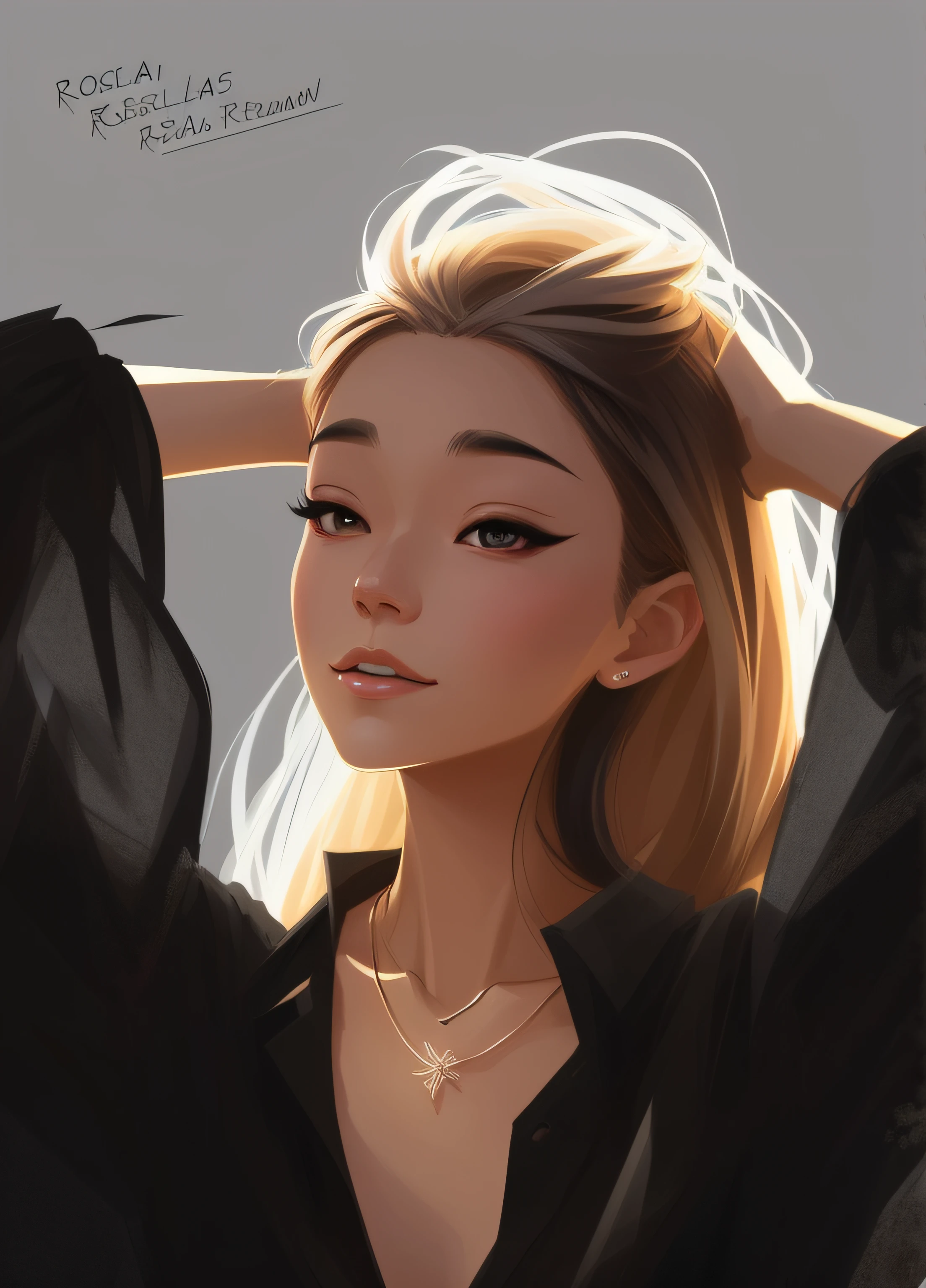 There was a woman wearing a necklace and a black shirt, rossdraws portrait, Rosla 1. 0, rossdraws 2. 0, digitalportrait, in style of digital illustration, rossdraws 2. 5, Rossdraws digital painting, low details. Digital painting, In the style of Ross Tran, digital illustration portrait, in the art style of bowater