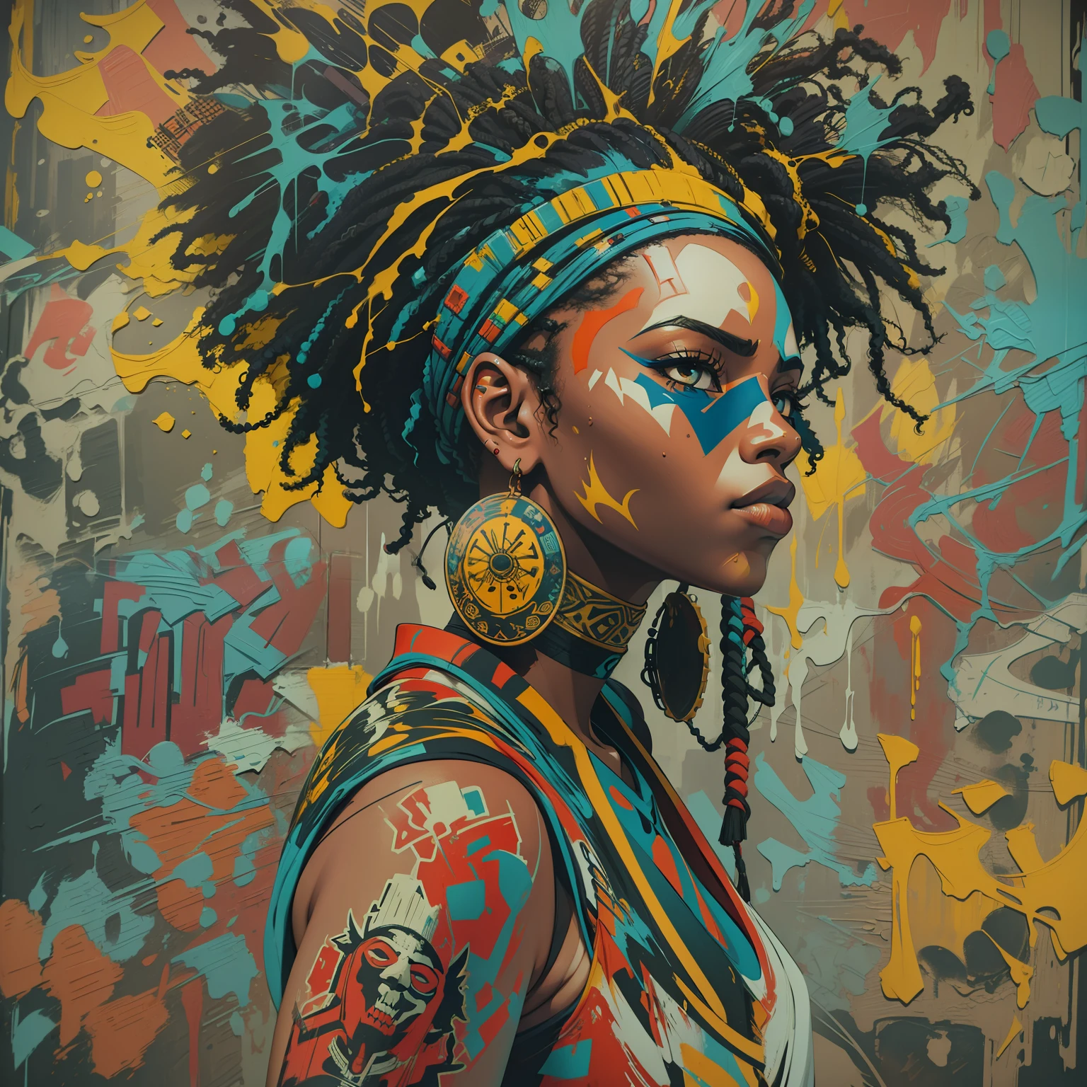 Afropunk, Oil paint, block print, graffiti art, abstract painting, color splashes, highly detailed, trending on artstation