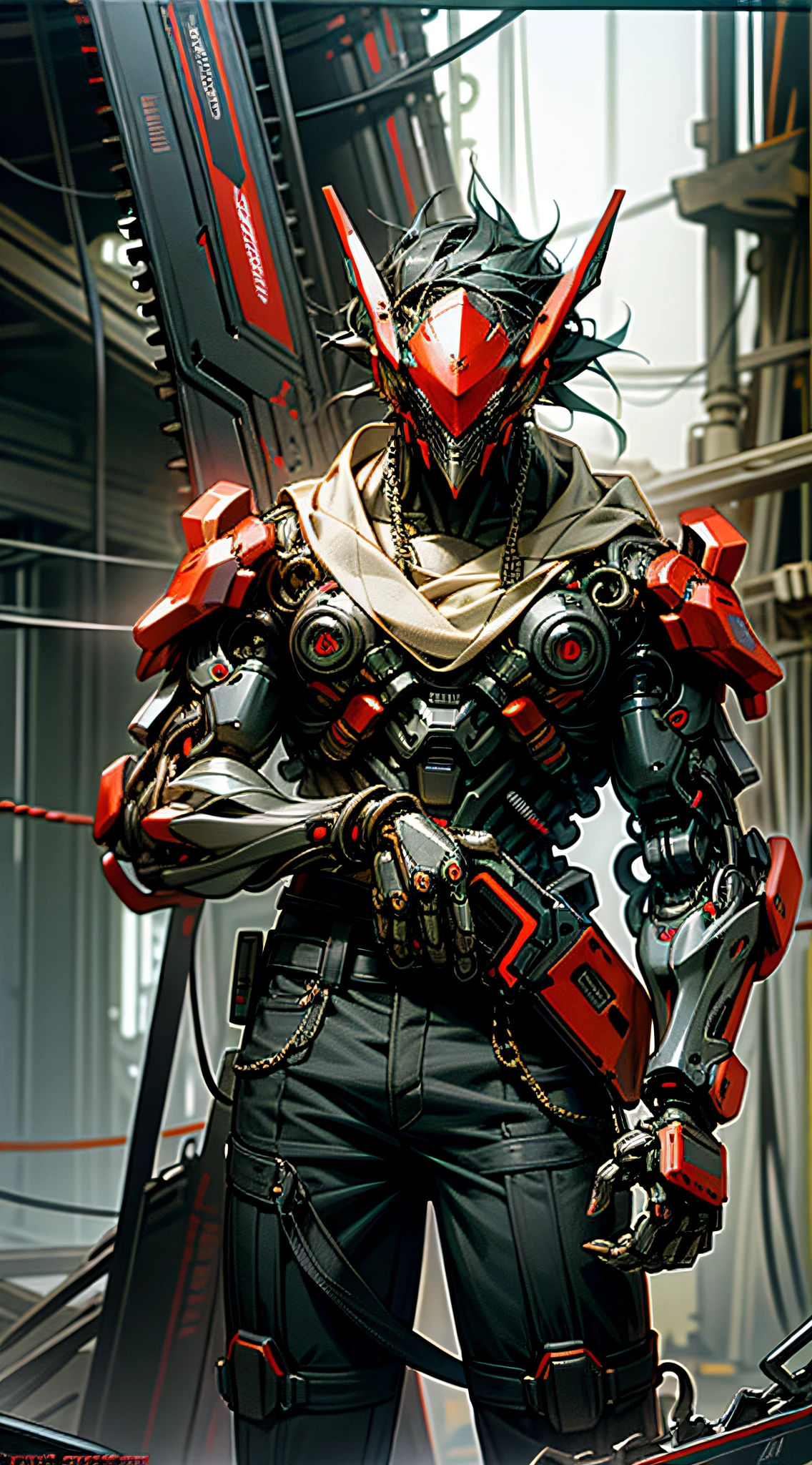 Dark_Fantasy,Cyberpunk,(chain saw,chain saw man,Red:1.1),1man,Mechanical marvel,Robotic presence,Cybernetic guardian,