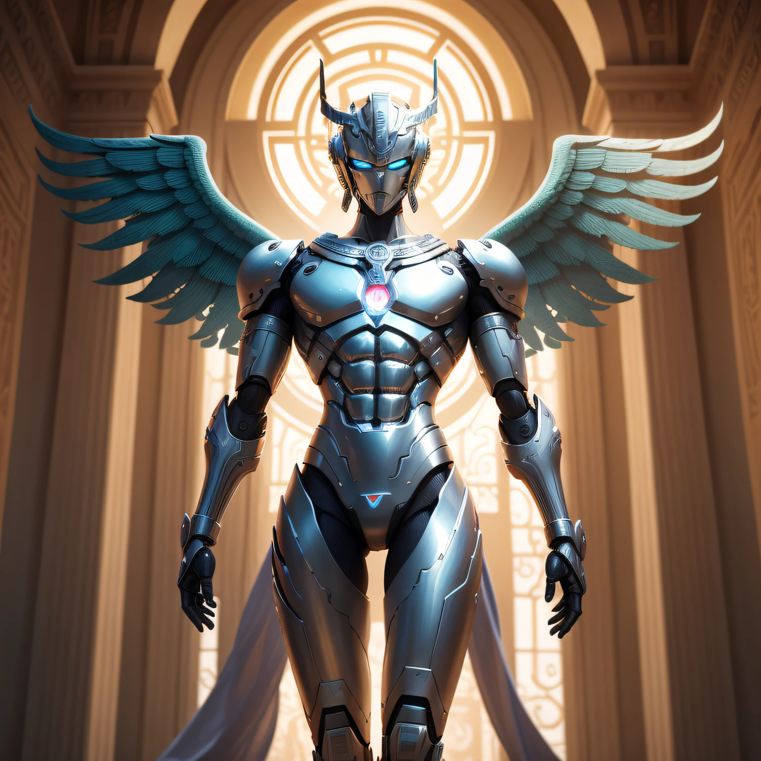 Please depict a full-body image of a robot inspired by Hermes. The robot has a metallic silver body, with winged jet engines or hovering devices attached to its feet. The head is shaped to resemble Hermes' helmet, evoking ancient Greek ornaments. In its hand, it holds a Caduceus (two-snake staff), with the snake parts depicted as the robot's arms or wires. The background suggests a palace where the gods of Olympus dwell, emphasizing its grandeur and mystique. The style is surrealistic, with lighting that symbolizes the divine world with sacred light, and the colors are based on silver and gold, with tones reminiscent of ancient Greek art. The composition uses a wide-angle lens, with the robot occupying the entire screen. --ar 16:9 --v 5.1 --style raw --q 2 --s 750