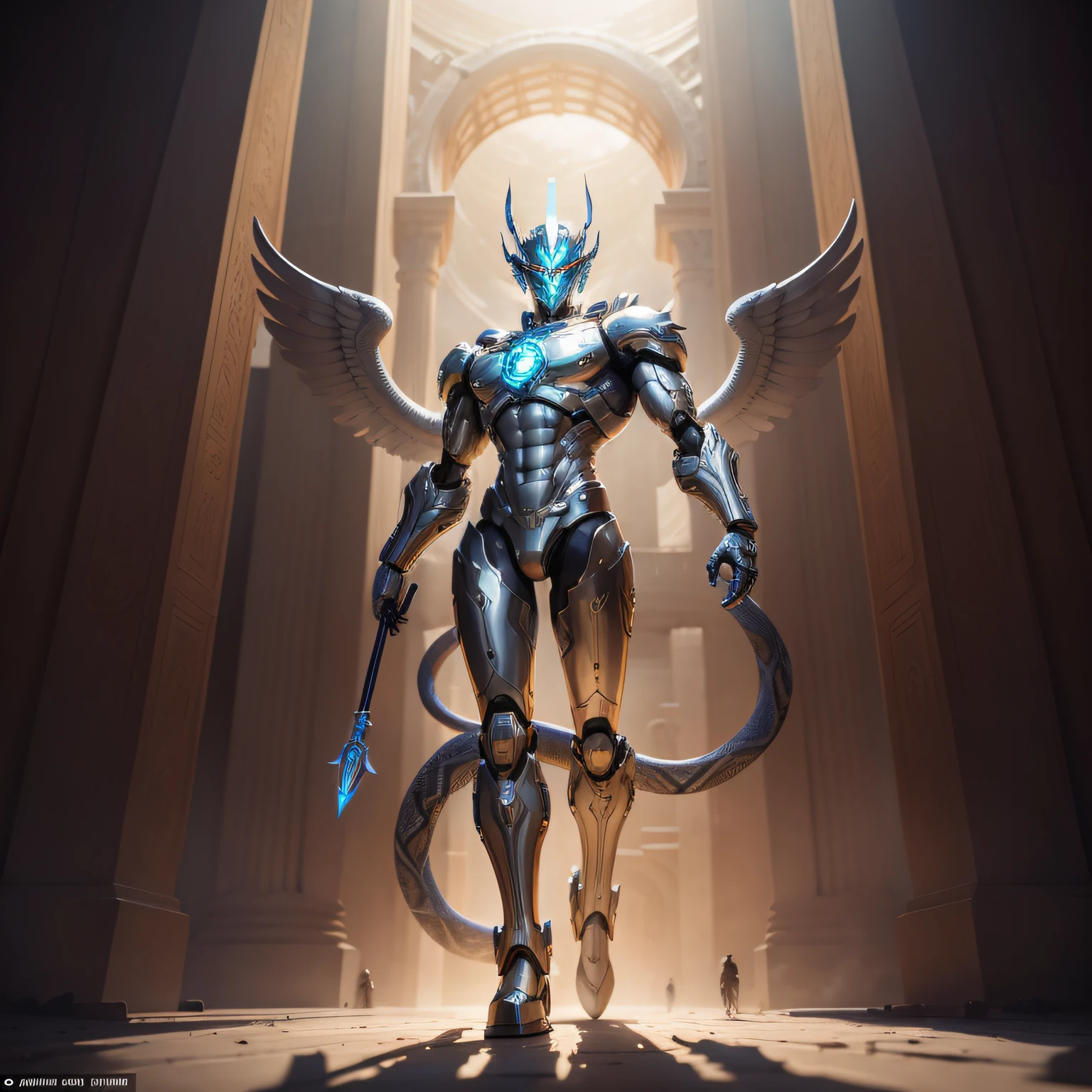 Please depict a full-body image of a robot inspired by Hermes. The robot has a metallic silver body, with winged jet engines or hovering devices attached to its feet. The head is shaped to resemble Hermes' helmet, evoking ancient Greek ornaments. In its hand, it holds a Caduceus (two-snake staff), with the snake parts depicted as the robot's arms or wires. The background suggests a palace where the gods of Olympus dwell, emphasizing its grandeur and mystique. The style is surrealistic, with lighting that symbolizes the divine world with sacred light, and the colors are based on silver and gold, with tones reminiscent of ancient Greek art. The composition uses a wide-angle lens, with the robot occupying the entire screen. --ar 16:9 --v 5.1 --style raw --q 2 --s 750
