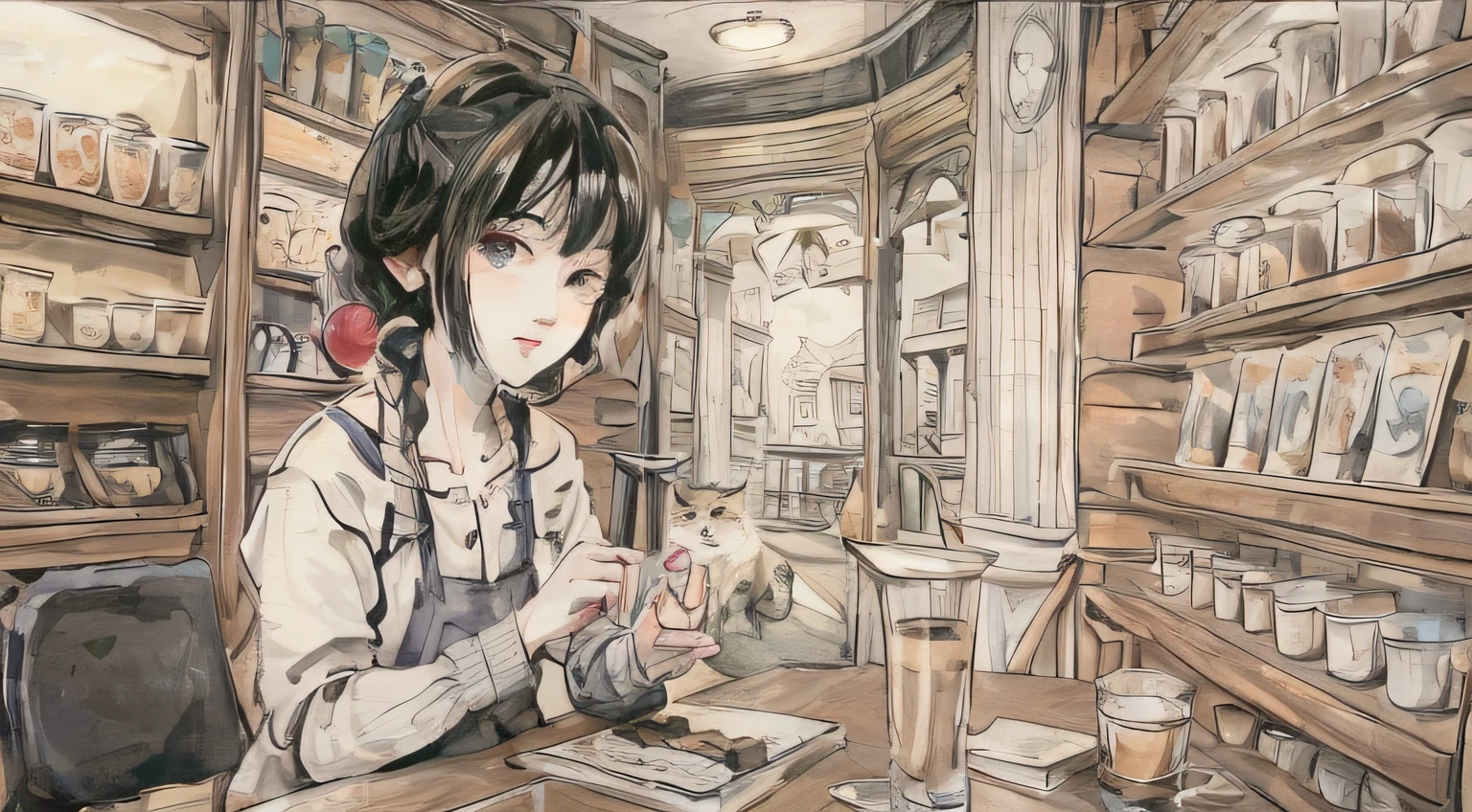 Male shopkeeper and kitten,cafes,