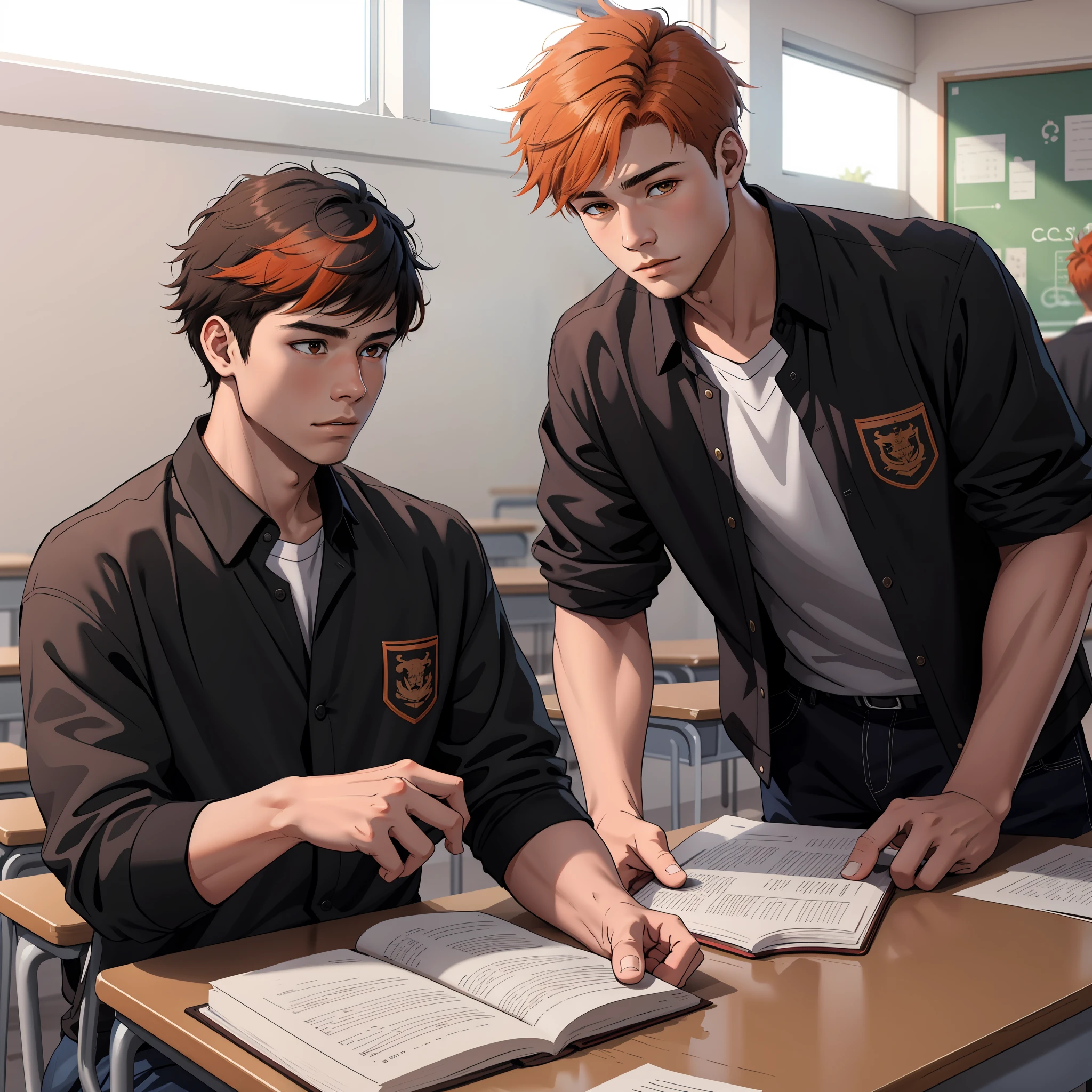 15-year-old male adolescents with brown Latin skin and orange hair, estan en la escuela hablan preocupados sobre algo importante