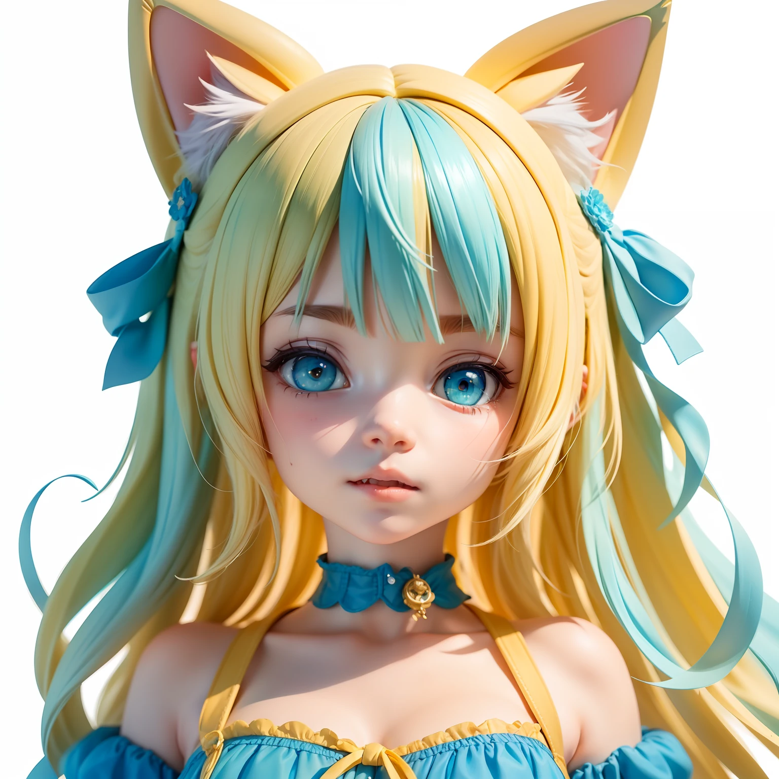 "Cute sea ocean anime girl with blue pastel and sand blond hair and cat ears, in a portrait style, with an adorable expression, white background."