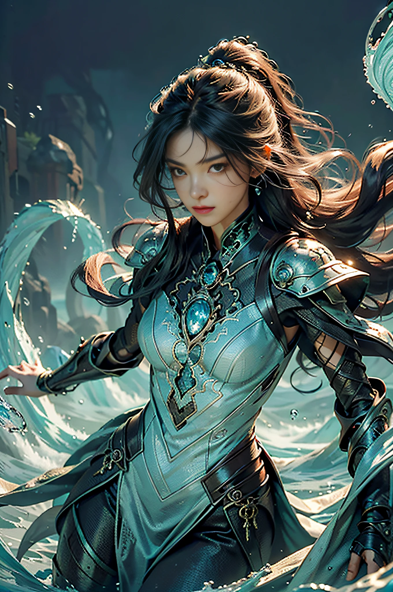 {{master piece}}, pinnacle rendering, realistic rendering, dark red rendering, metal rendering, {{color ink painting}}}, {{splash ink}}}, {{color}}, {{color}}, gorgeous rendering, best quality, illustration, flame, smoke, doomsday world, splash ink fire sea doomsday, full body, 1 girl, exquisite facial details, delicate facial features, fair face, beautiful detail eyes, deep pupils, broken city details, beautiful details long hair, Wave hair, broken details, transparent mechanical core, cyborg girl, details, cool, tight grooming, lace finishing, linear light costume retouching, light rendering, reflection, highlight, holy light, confidence, charm, battle stance detail close-up, fire day, {filigree}, colored background, a dragon stands behind the girl, sea of fire, {tornado special effects}, beautiful details cyan dragon armor, (cold face, confident) great depth, depth of field, 360° panoramic picture, fierce and magnificent battle scenes, broken mirrors, fingers all hidden and not displayed, small mouth closed