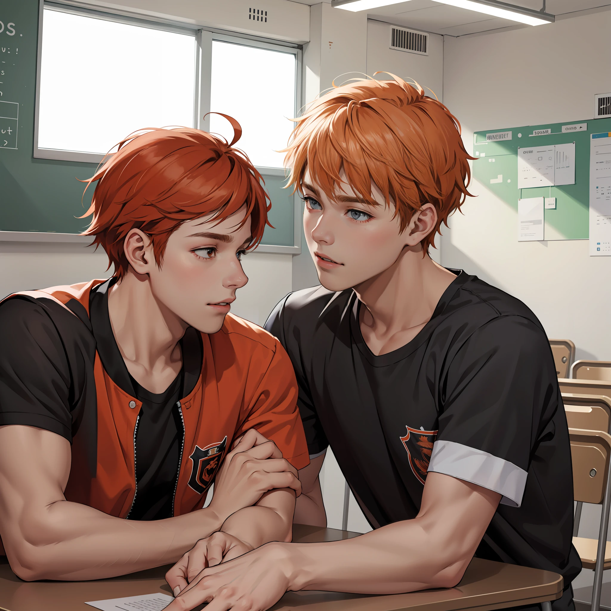 Two 15-year-old orange-haired teenage friends chatting at school share a secret that they're almost friends with siblings... (usar los mismo personajes)
