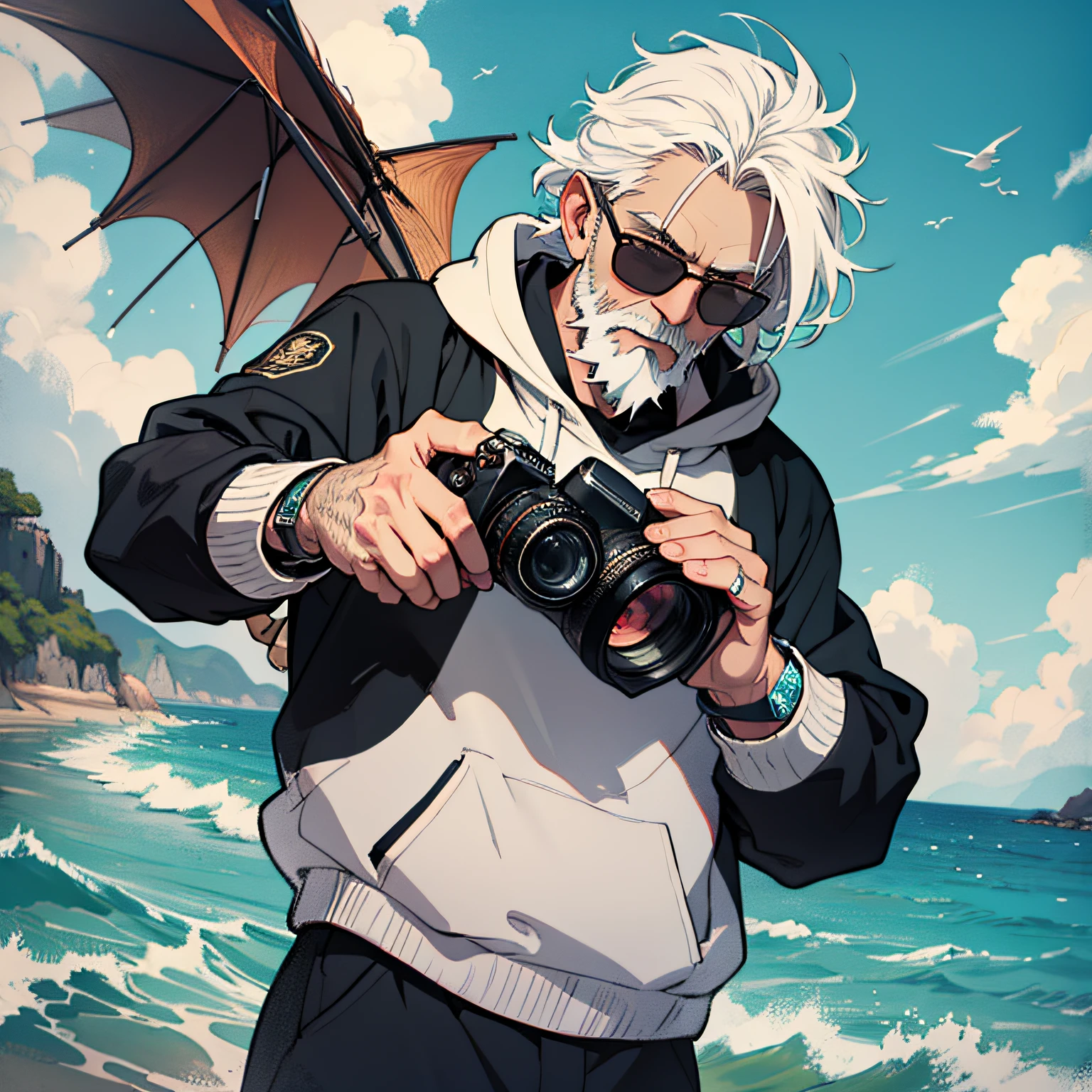 ((A 60-year-old white-bearded man takes a photo of the lens with a DSLR camera:1.2)),frontage,Wear a sweatshirt,Wear round-rimmed sunglasses,Fit and fit,whaite hair,White hair,Canon camera,Dragon Ball painting art style,Japanese cartoon style,Wearing glasses,There are black tattoos on the arms,Hand strings,the sea,Monochrome art background