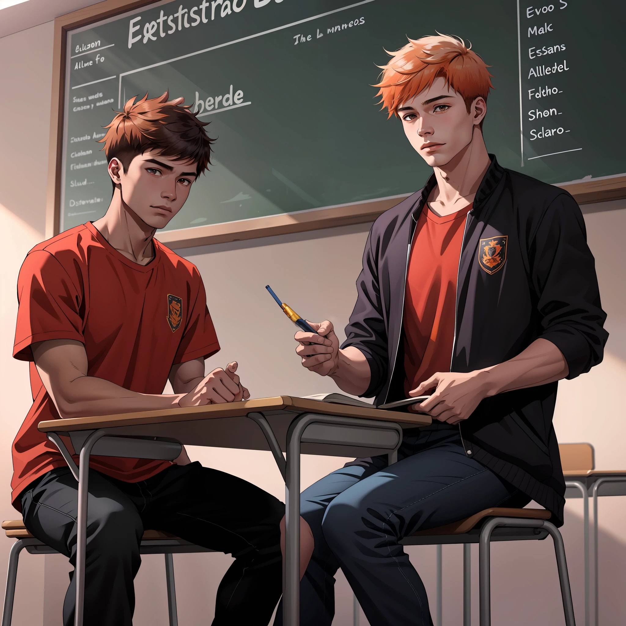 -yeld maadolescents with brown Latin skin and orange hair, estan en la escuela hablan preocupados sobre algo importante