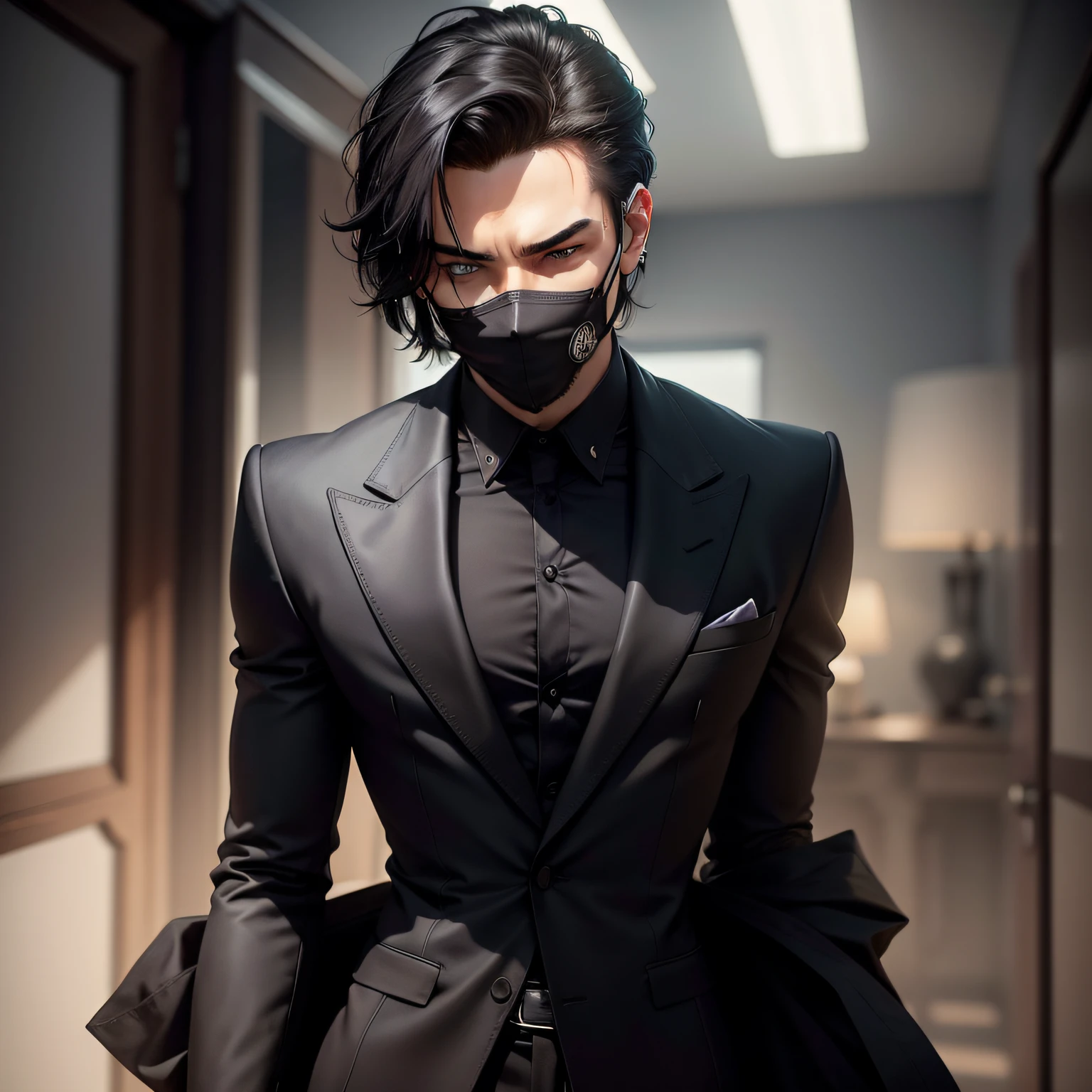 Create an image of a young man, approximately 20 years old, with striking dark eyes that exude a captivating gaze. He has a medium-toned complexion and stylishly slicked-back black hair. He is wearing a sleek suit that perfectly accentuates his confident demeanor.
The man wears a mask that adds an air of mystery to his appearance, making him both enigmatic and alluring. The mask partly covers his face, leaving his mesmerizing eyes and chiseled jawline visible.
A hint of rebellion is evident from the earring adorning his left ear, adding a touch of edginess to his overall sophisticated look.
His eyes are a warm, deep shade of honey-like brown, reflecting intelligence and depth. They seem to hold a myriad of untold stories and emotions, drawing anyone who gazes upon the image into his compelling world.
The AI can use this detailed description to generate an image that embodies the essence of the character you envisioned.