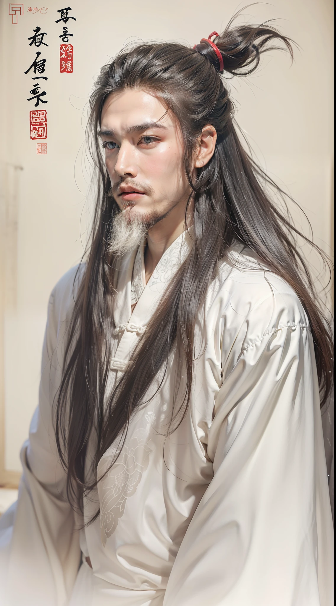 Old man of ancient China,male people,Majestic and majestic,Long hair shawl,The hair and beard are snow-white,Dressed in white,Forehead wrinkles,Sharp and shrewd eyes,Chubby body,heavy breath,largeeyes,Relaxed facial expressions,frontage,Open your mouth slightly。