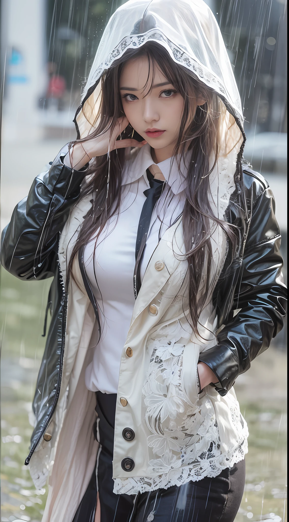 Strong realism,(best qualtiy,4K,tmasterpiece:1.3),Pretty women,Wearing a lace white dress,1girll,Raised sexy:1.1,dark brown hair:1.1,(Wet with rain,Wet with rain,Get wet:1.2),Gilet blanc,No bra,Super detailed face,Detailed lips,A detailed eye,二重まぶた